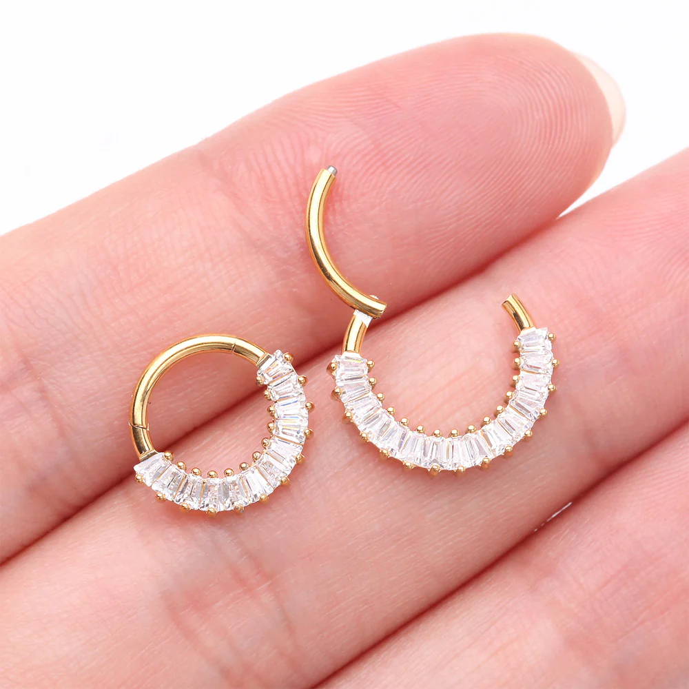 Implant Grade Titanium Golden Pave Baguette Sparkle Clicker Hoop Ring - Image 4