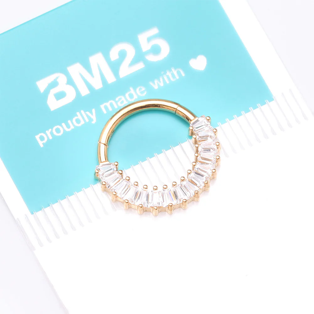 Implant Grade Titanium Golden Pave Baguette Sparkle Clicker Hoop Ring - Image 5