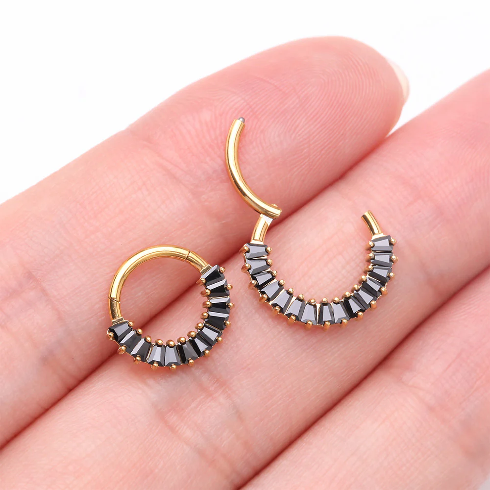 Implant Grade Titanium Golden Pave Baguette Sparkle Clicker Hoop Ring - Image 4