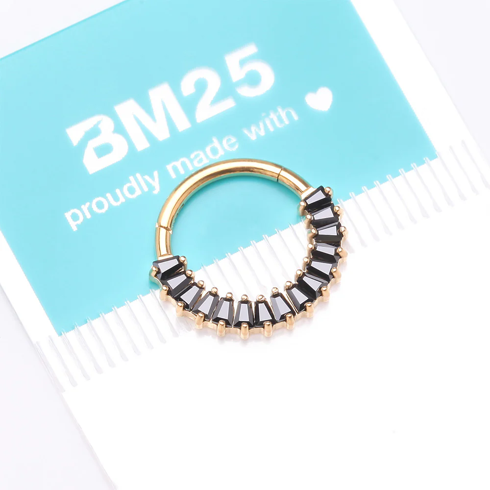 Implant Grade Titanium Golden Pave Baguette Sparkle Clicker Hoop Ring - Image 5