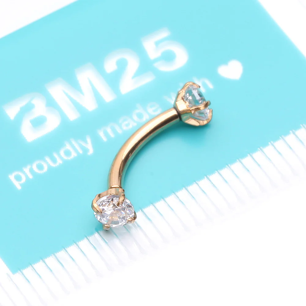 Implant Grade Titanium Golden Prong Set Gem Sparkles Internally Threaded Curved Barbell - Image 4
