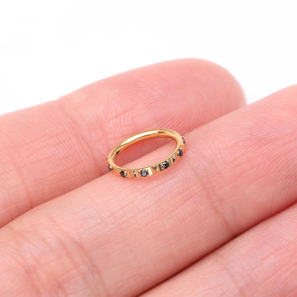 Implant Grade Titanium Golden Pyramid Sparkle Studded Geometric Seamless Clicker Hoop Ring - Image 3