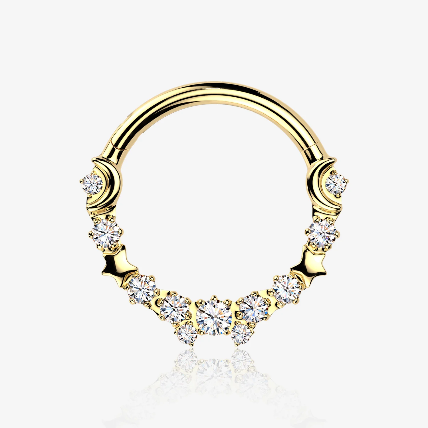 Implant Grade Titanium Golden Sparkle Crescent Moon and Stars Clicker Hoop Ring