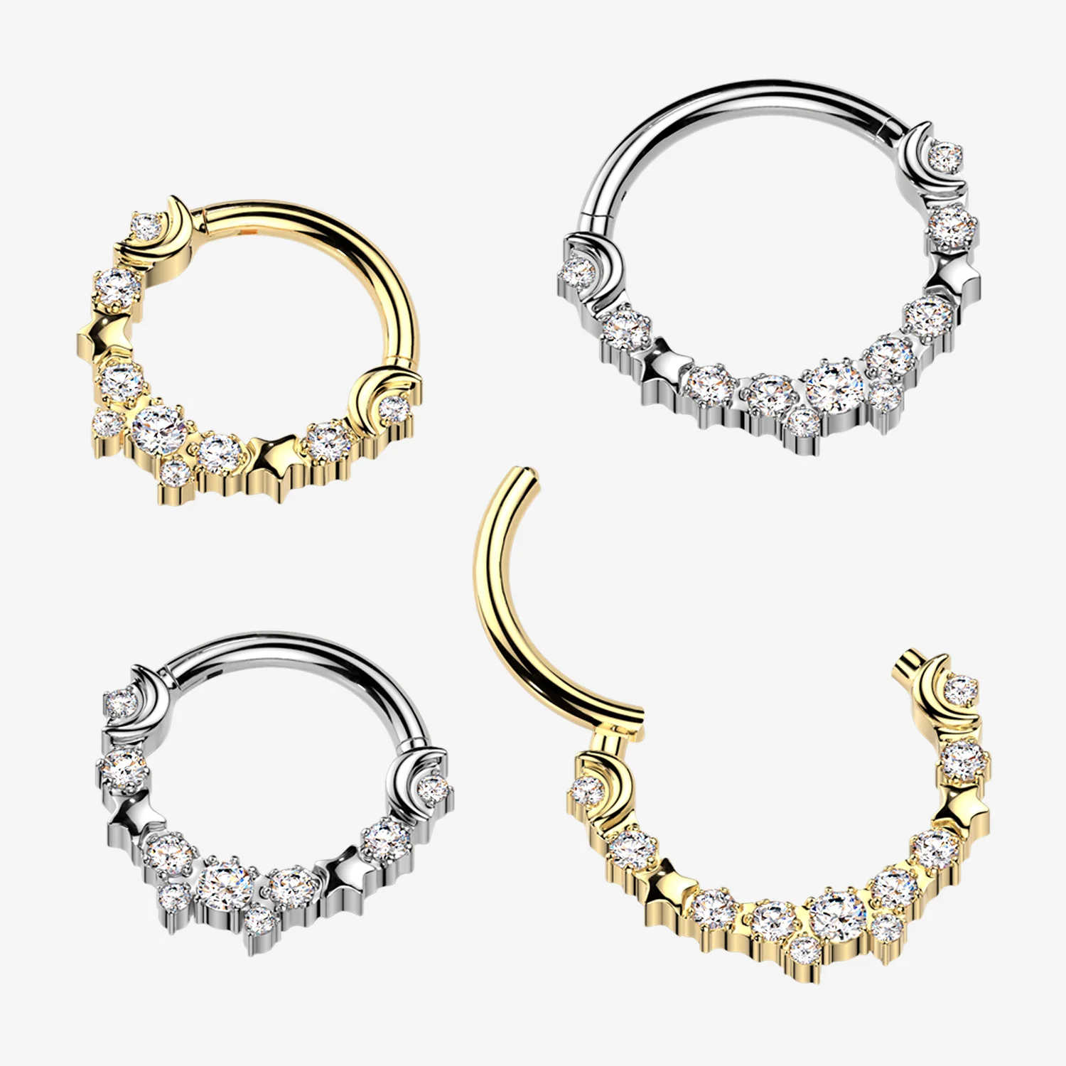 Implant Grade Titanium Golden Sparkle Crescent Moon and Stars Clicker Hoop Ring - Image 2