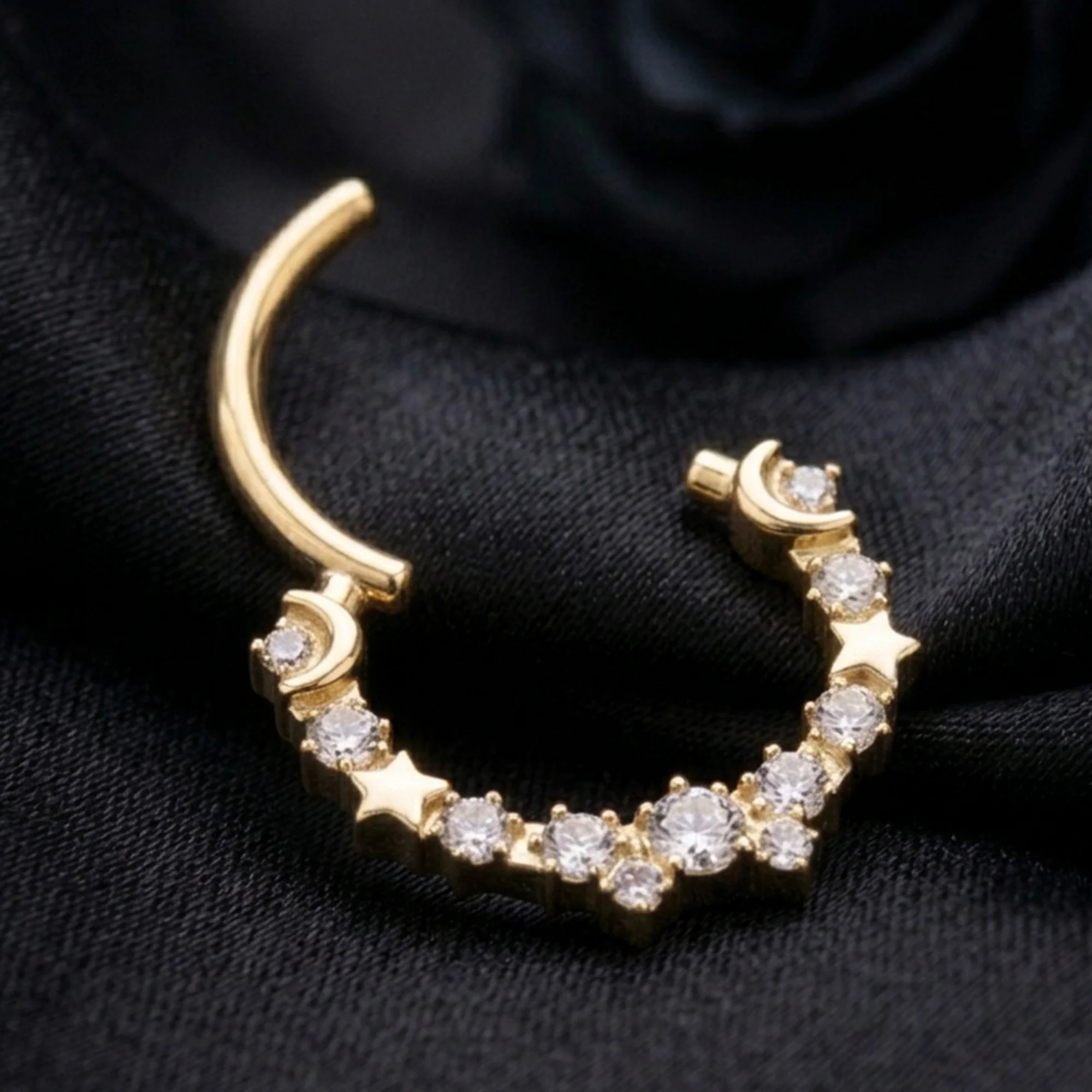 Implant Grade Titanium Golden Sparkle Crescent Moon and Stars Clicker Hoop Ring - Image 3
