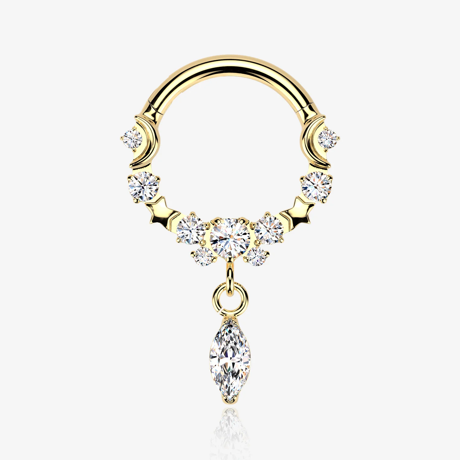 Implant Grade Titanium Golden Sparkle Dangle Crescent Moon and Stars Clicker Hoop Ring