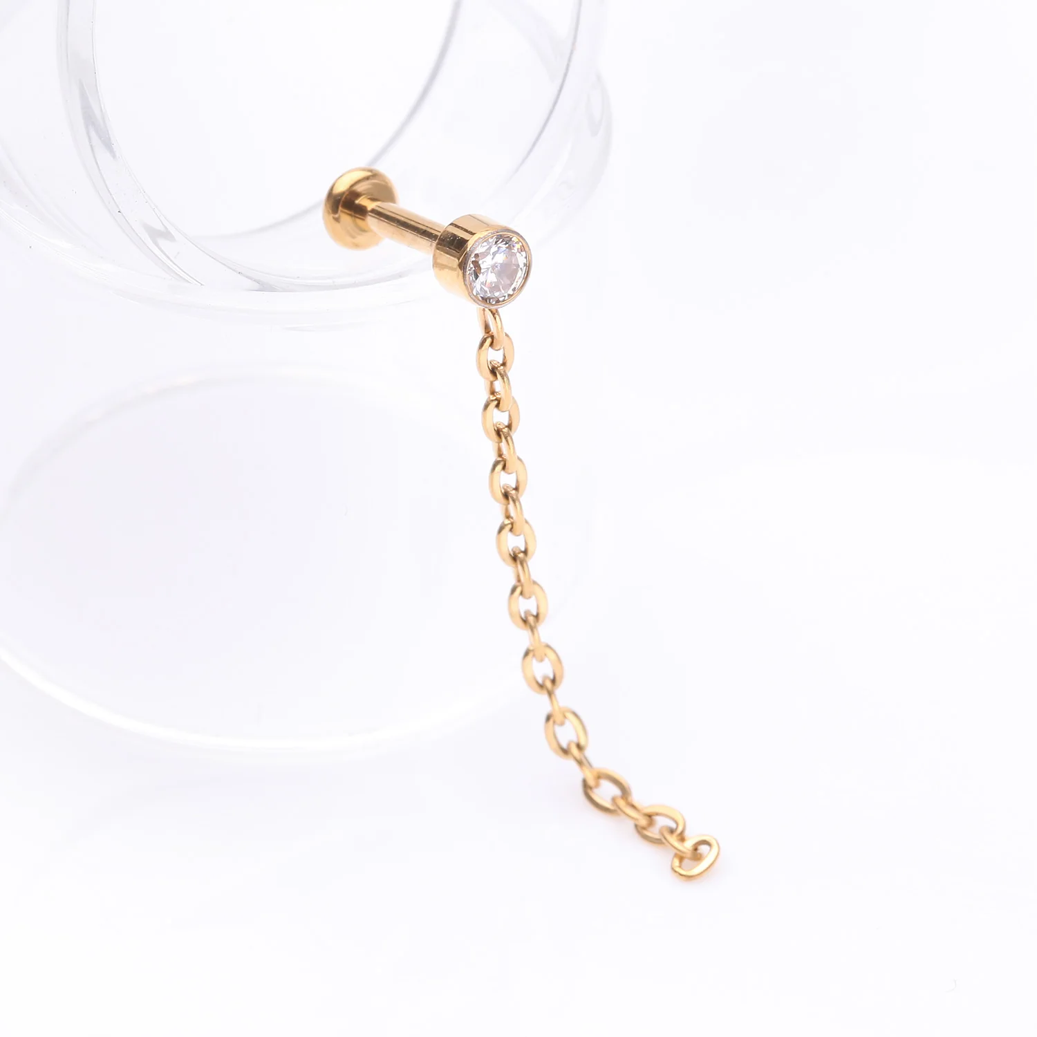 Implant Grade Titanium Golden Sparkle Gem Long Chain Dangle Internally Threaded Labret - Image 2