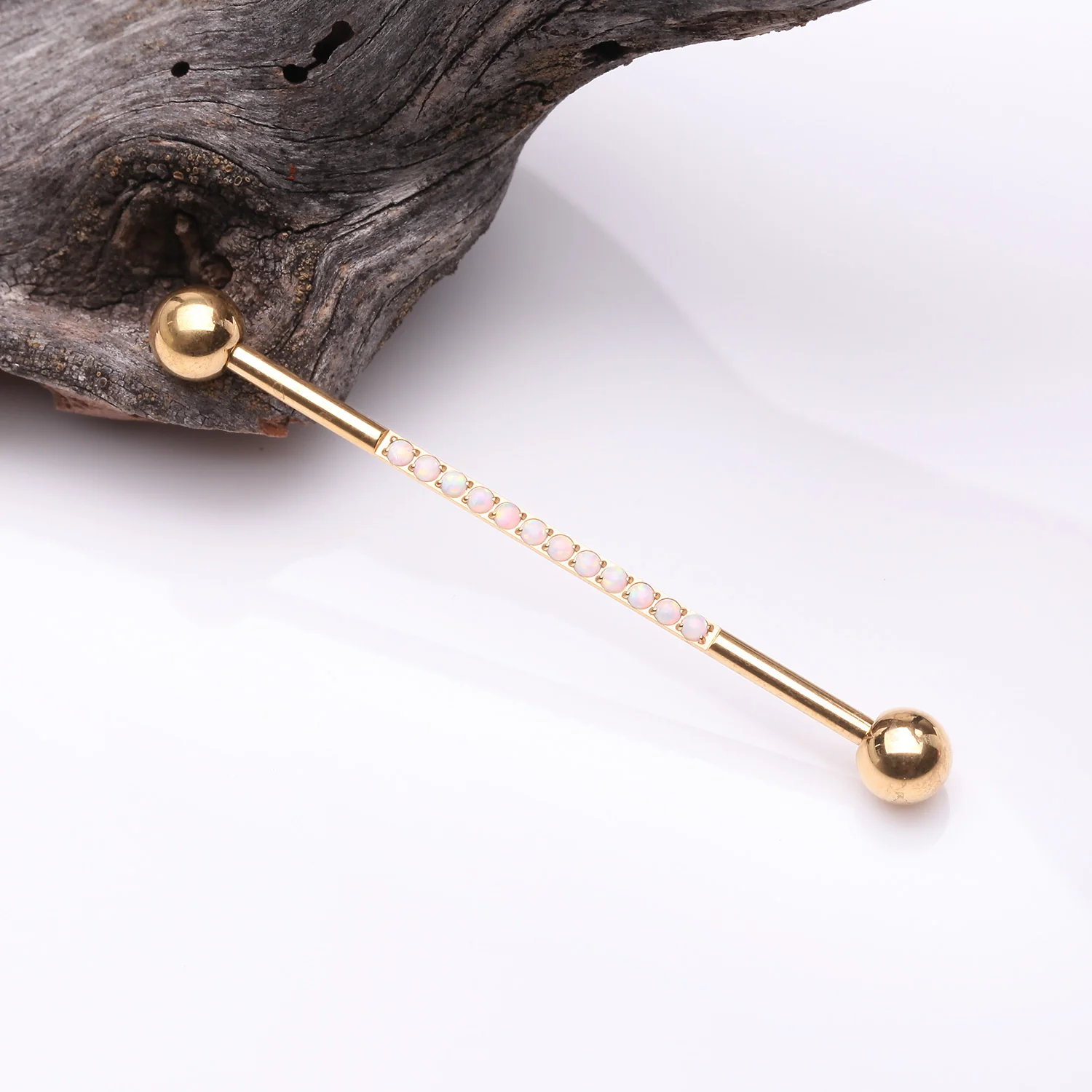 Implant Grade Titanium Golden Sparkle Lined Fire Opal Industrial Barbell - Image 2