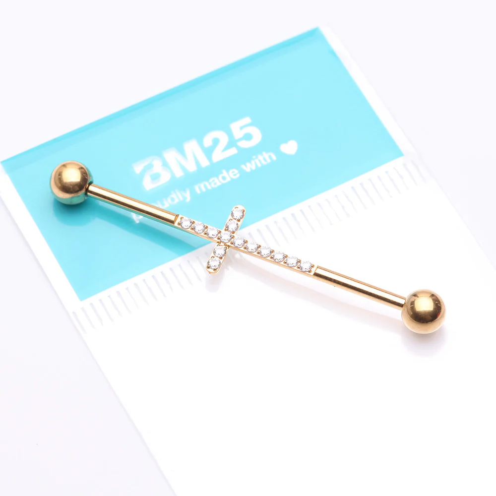 Implant Grade Titanium Golden Sparkle Lined Multi-Gem Cross Industrial Barbell - Image 3
