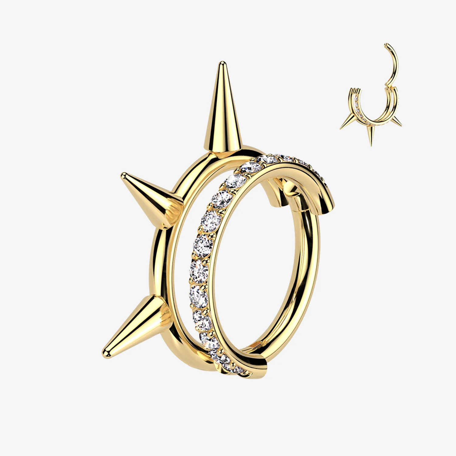 Implant Grade Titanium Golden Triple Spike Gem Lined Clicker Hoop Ring