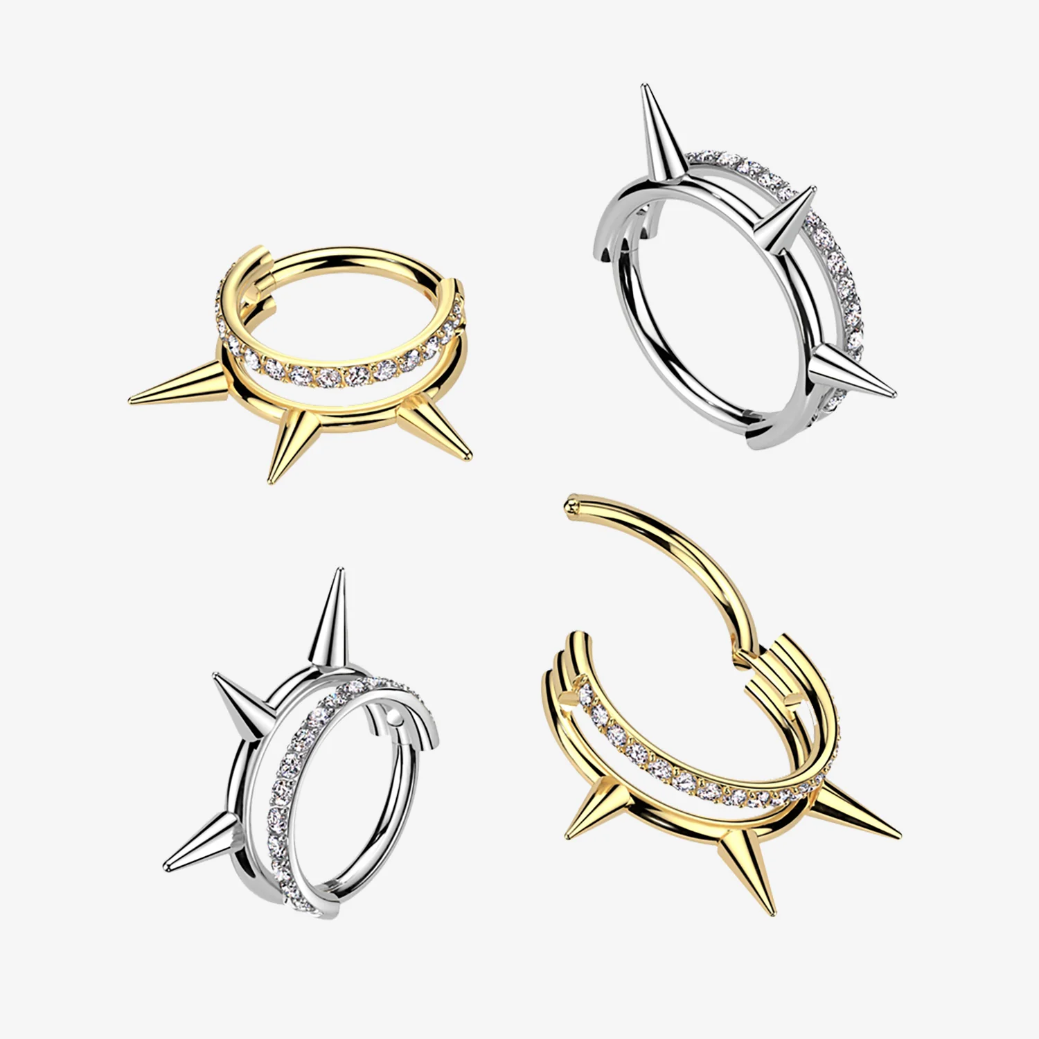 Implant Grade Titanium Golden Triple Spike Gem Lined Clicker Hoop Ring - Image 2