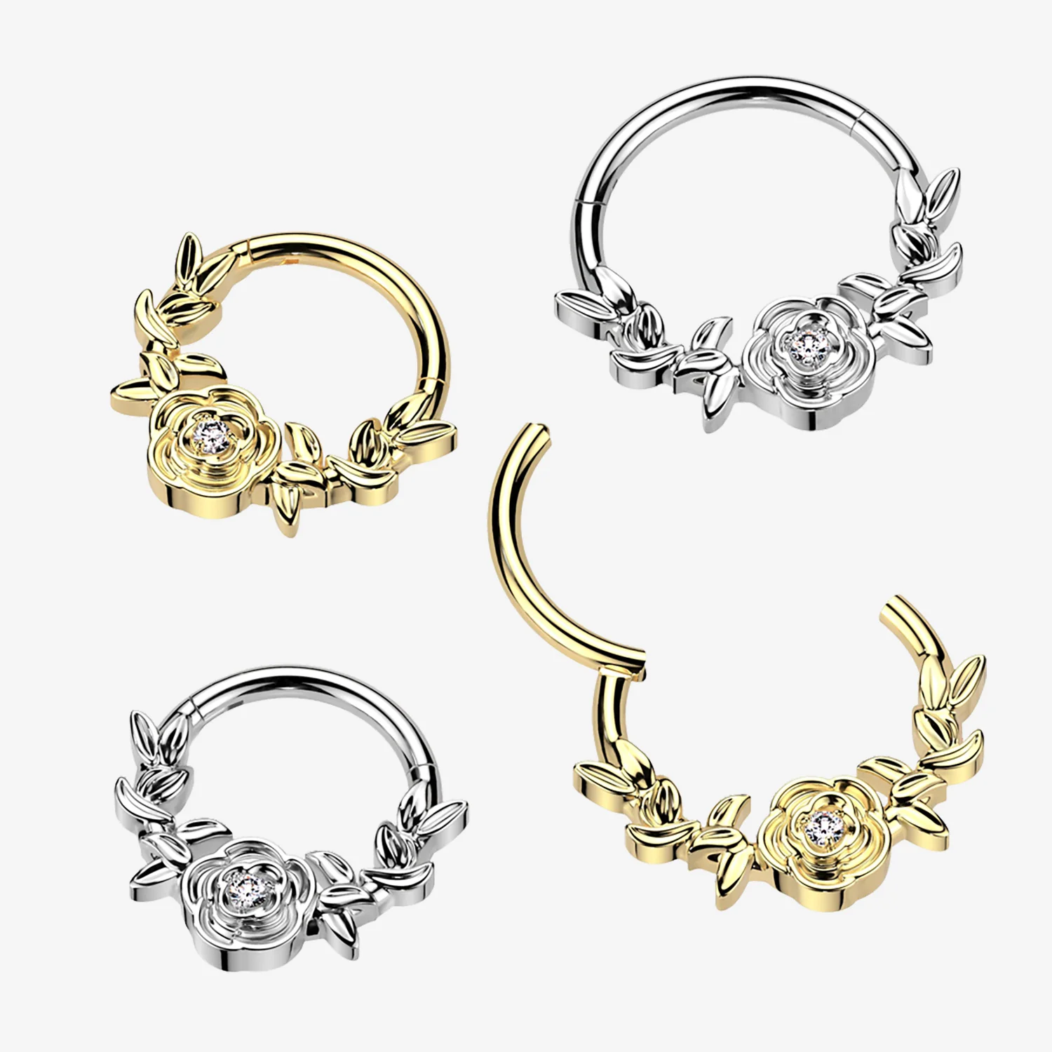 Implant Grade Titanium Golden Vintage Rose and Vines Clicker Hoop Ring - Image 2