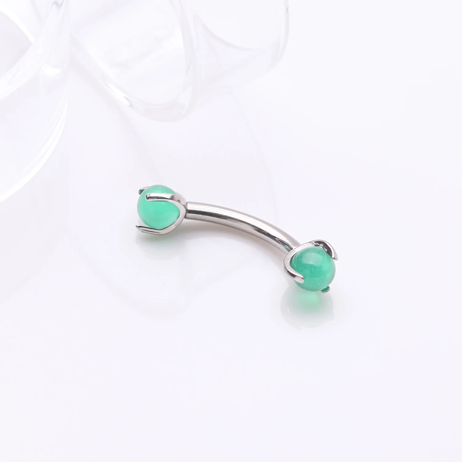 Implant Grade Titanium Green Jade Stone Ball Claw Prong Internally Threaded Curved Barbell - Image 2