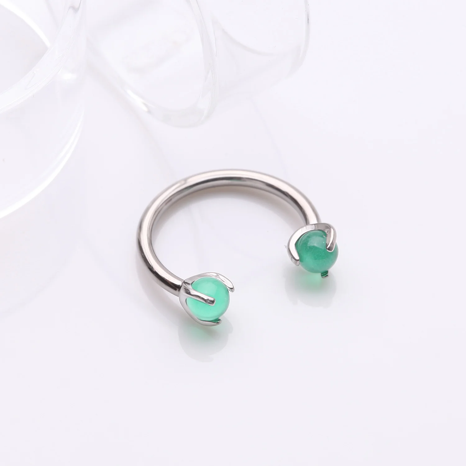 Implant Grade Titanium Green Jade Stone Ball Claw Prong Internally Threaded Horseshoe Barbell - Image 2
