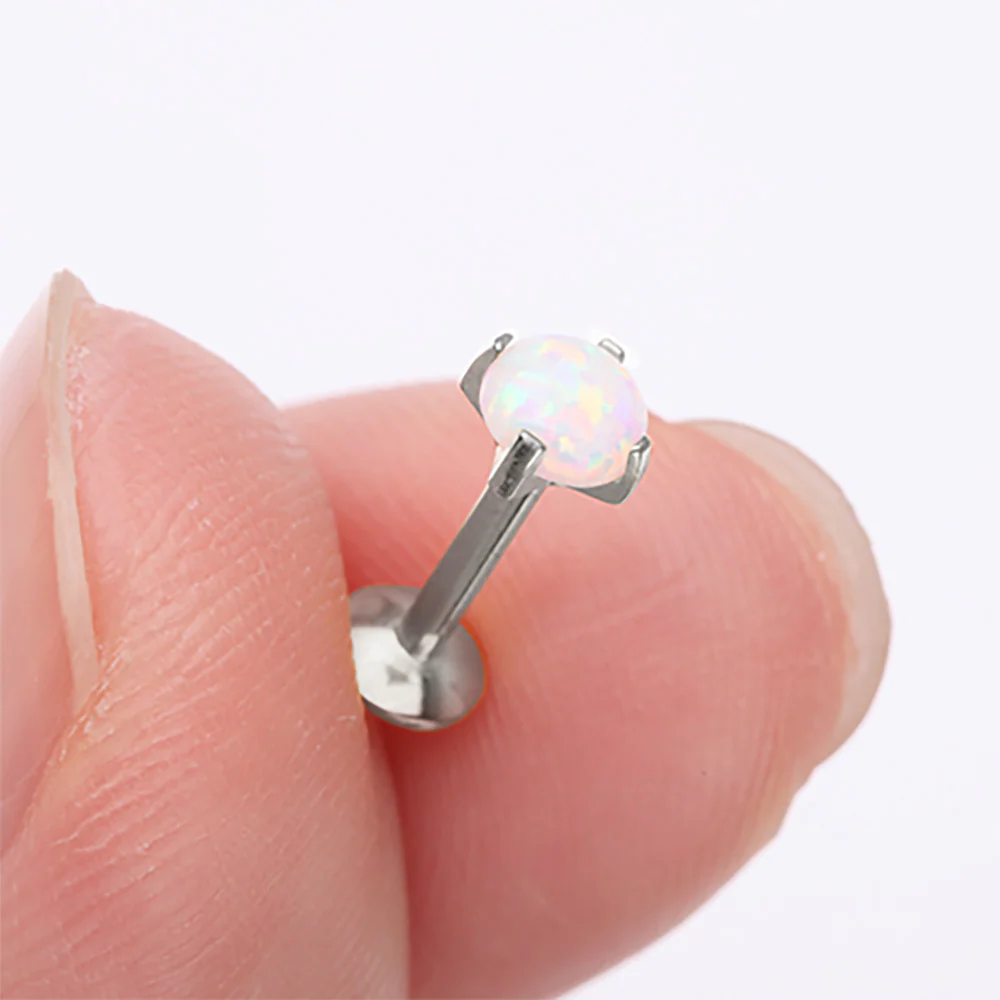 Implant Grade Titanium Internally Threaded Fire Opal Sparkle Prong Set Labret - Image 3