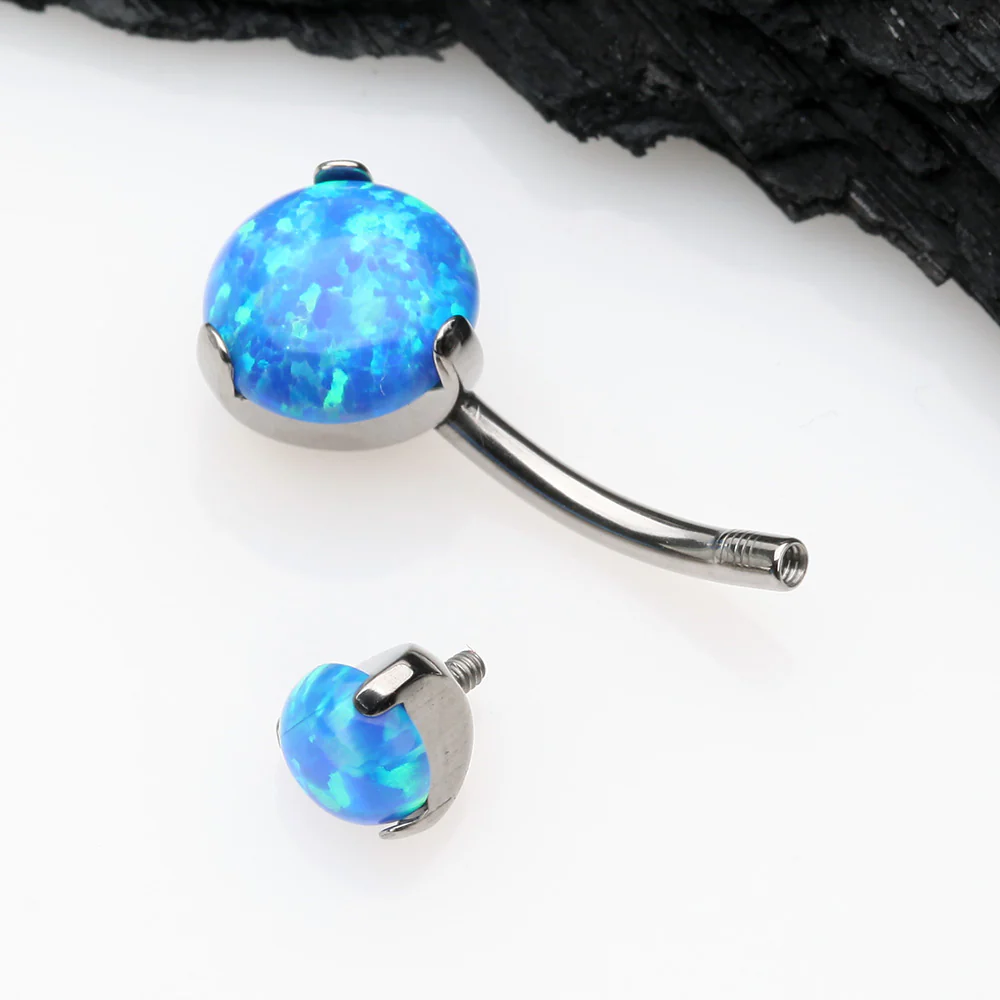 Implant Grade Titanium Internally Threaded Opal Prong Belly Button Ring - Image 4