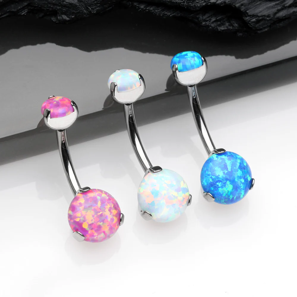 Implant Grade Titanium Internally Threaded Opal Prong Belly Button Ring - Image 5