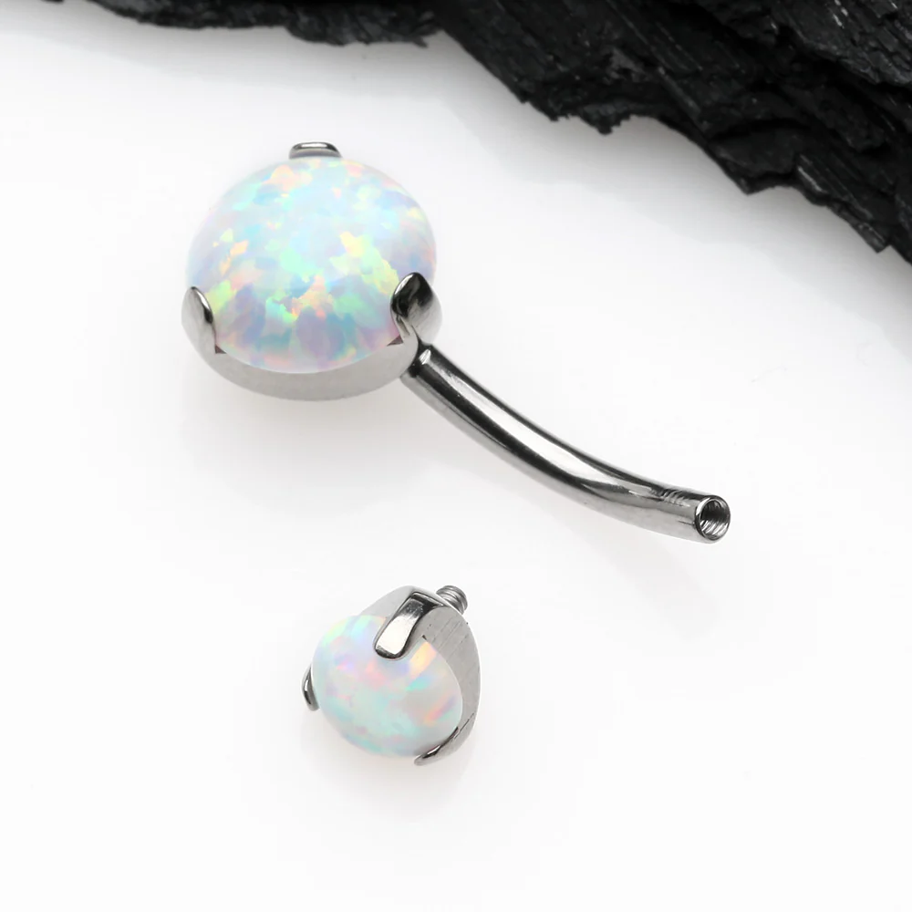 Implant Grade Titanium Internally Threaded Opal Prong Belly Button Ring - Image 4