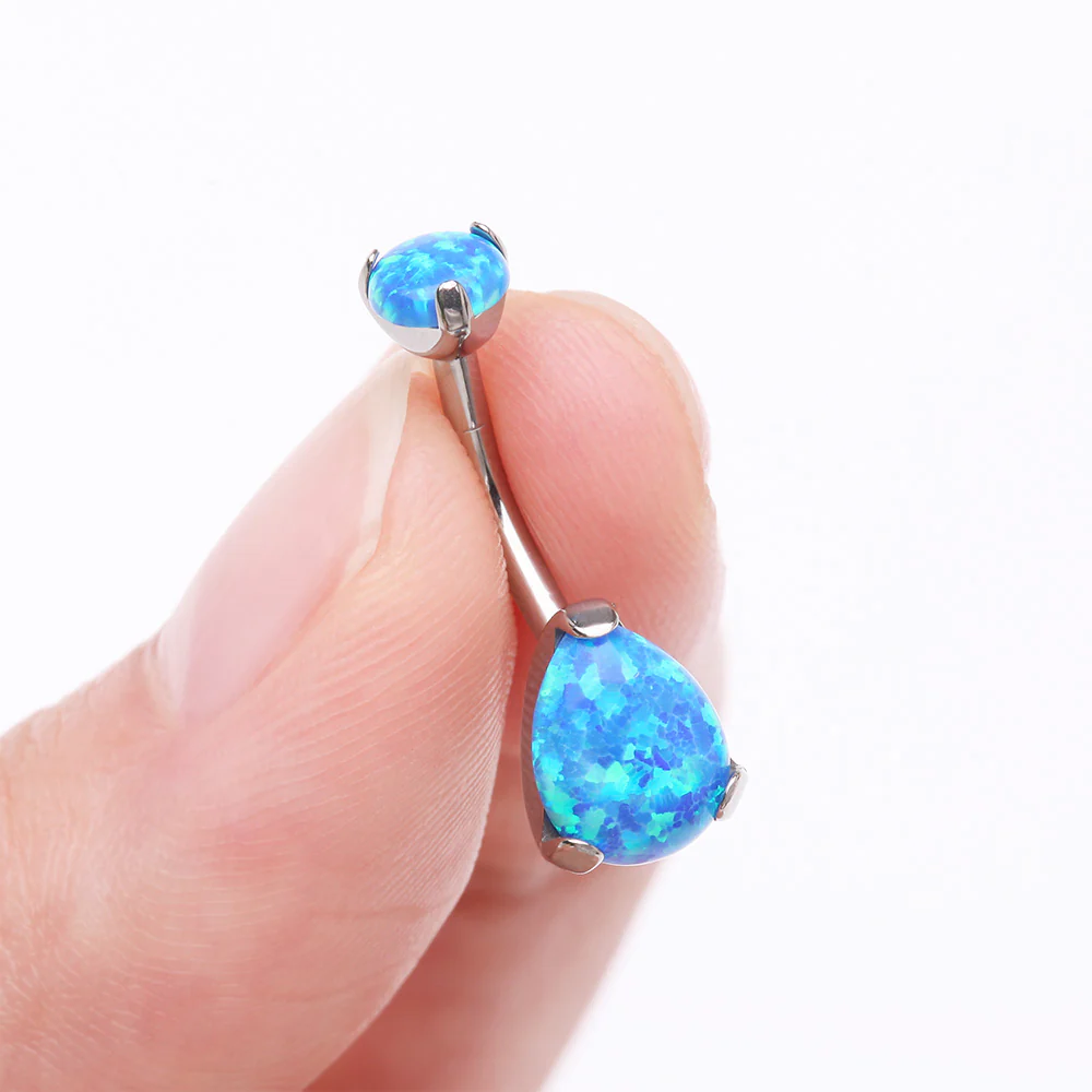 Implant Grade Titanium Internally Threaded Teardrop Opal Prong Belly Button Ring - Image 4
