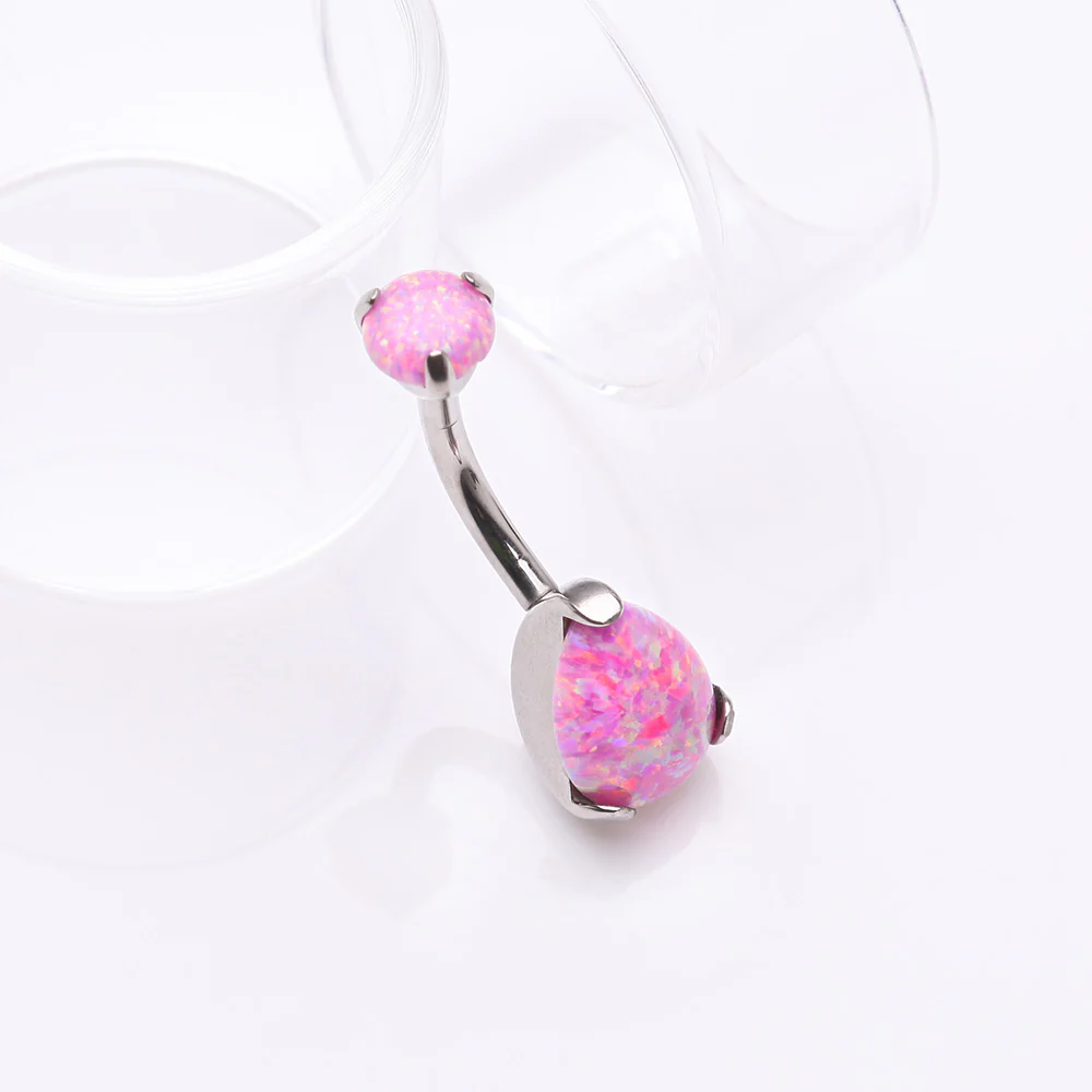 Implant Grade Titanium Internally Threaded Teardrop Opal Prong Belly Button Ring - Image 3