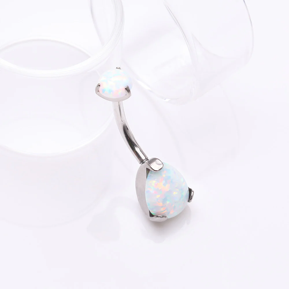 Implant Grade Titanium Internally Threaded Teardrop Opal Prong Belly Button Ring - Image 3