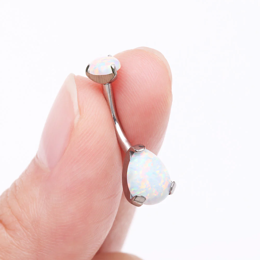 Implant Grade Titanium Internally Threaded Teardrop Opal Prong Belly Button Ring - Image 4