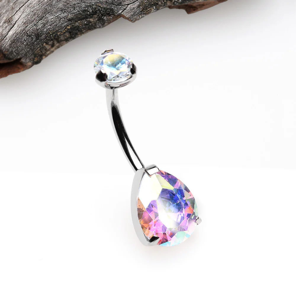 Implant Grade Titanium Internally Threaded Teardrop Prong Set Belly Button Ring - Image 3