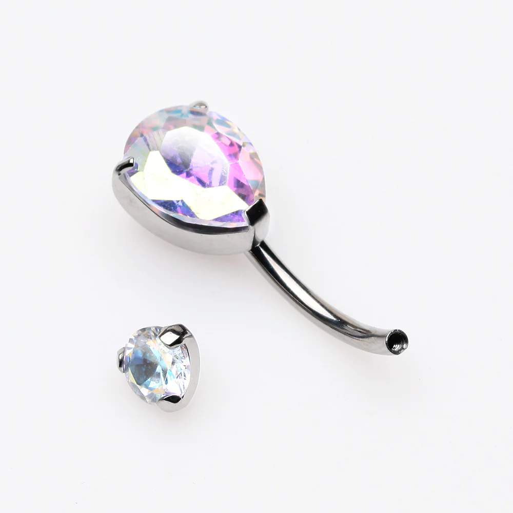 Implant Grade Titanium Internally Threaded Teardrop Prong Set Belly Button Ring - Image 4