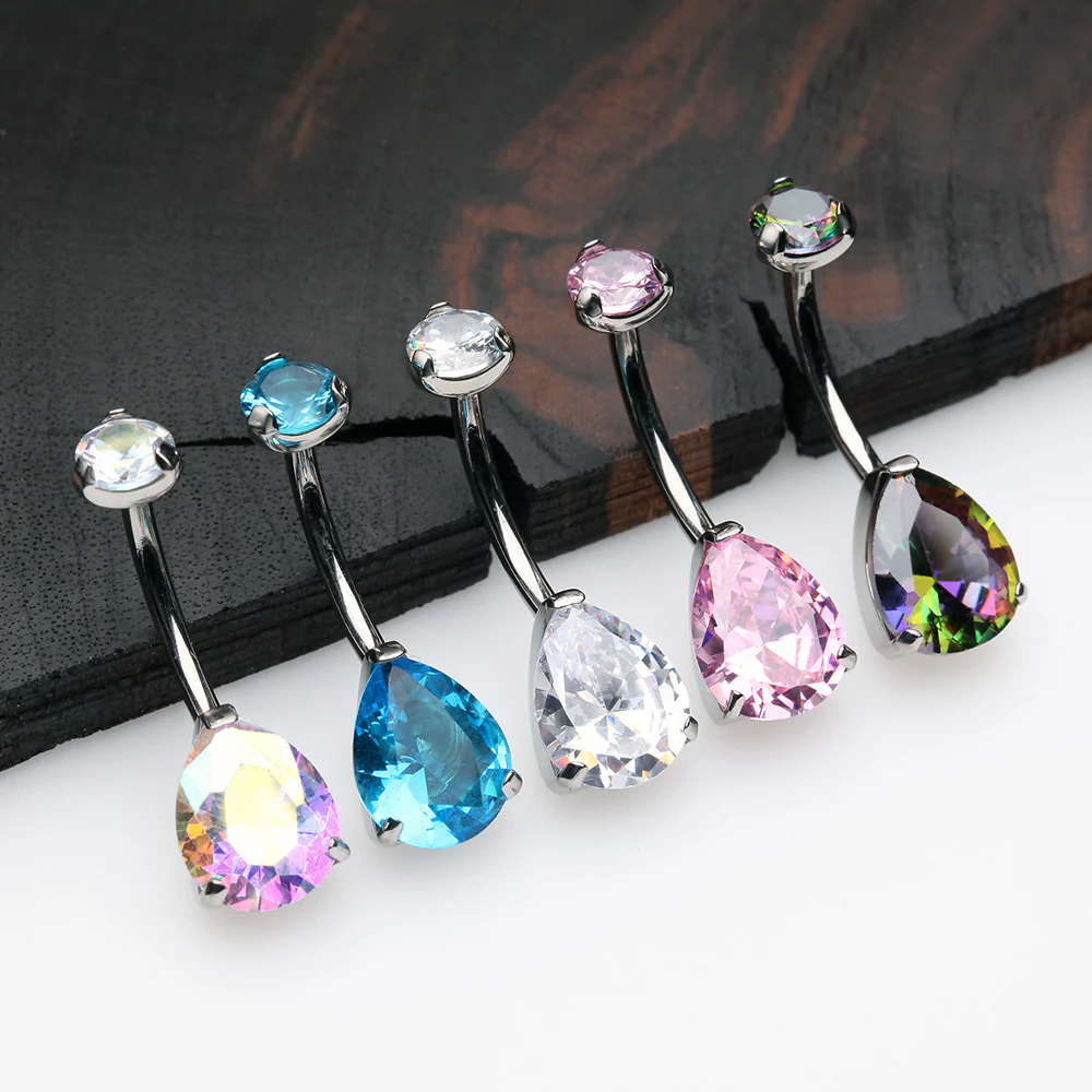 Implant Grade Titanium Internally Threaded Teardrop Prong Set Belly Button Ring - Image 5