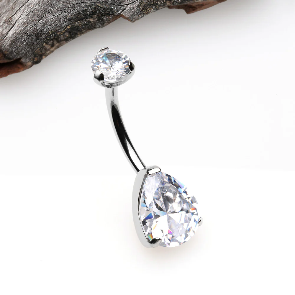 Implant Grade Titanium Internally Threaded Teardrop Prong Set Belly Button Ring - Image 3
