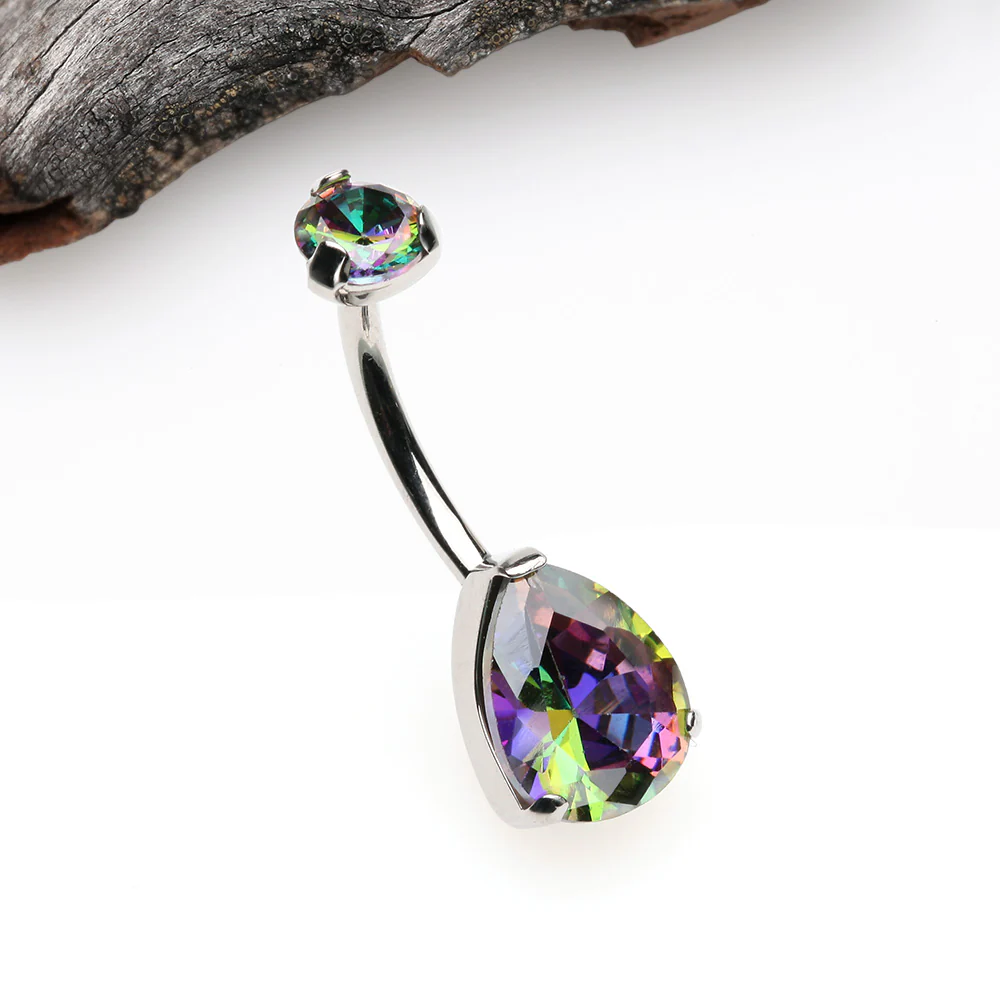 Implant Grade Titanium Internally Threaded Teardrop Prong Set Belly Button Ring - Image 3