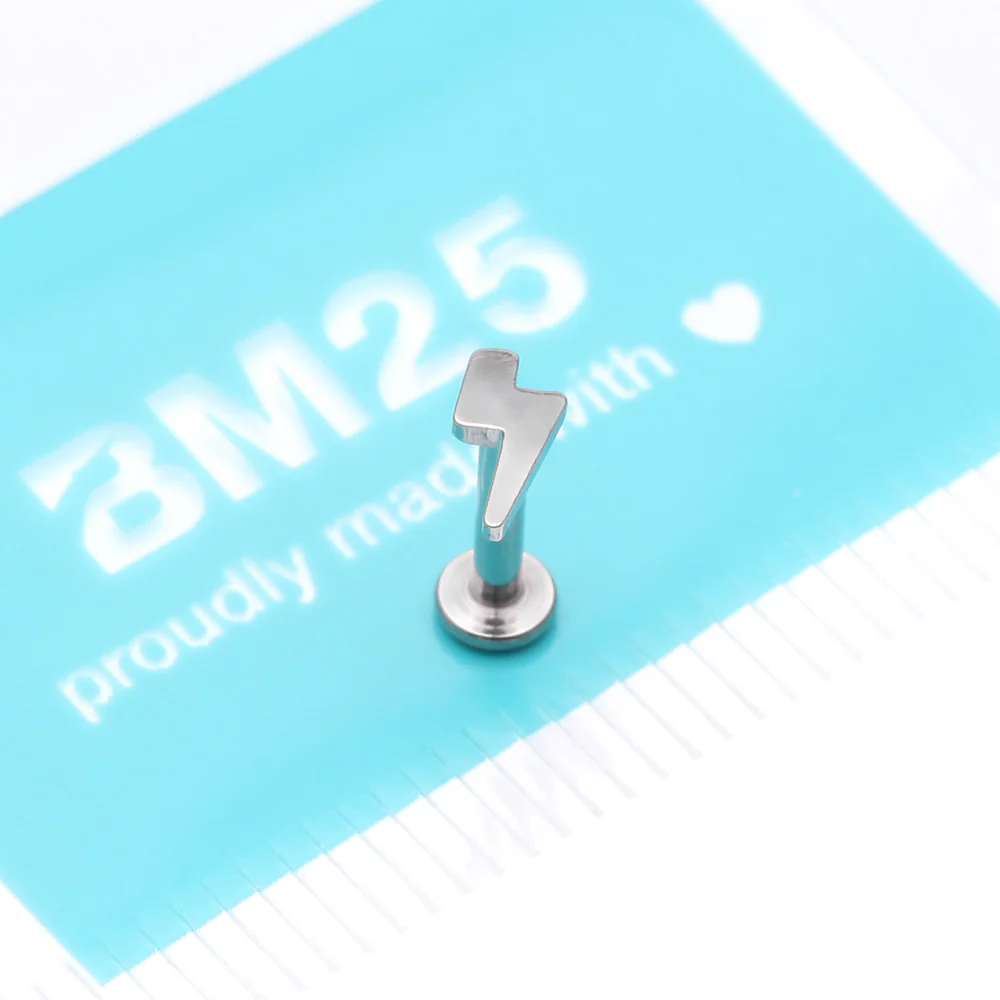 Implant Grade Titanium Lightning Bolt Top Internally Threaded Flat Back Stud Labret - Image 4