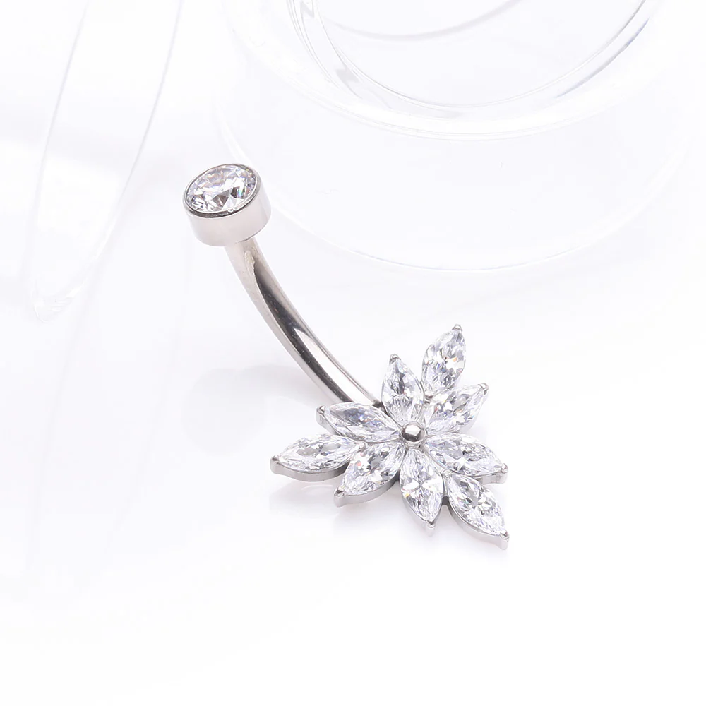 Implant Grade Titanium Marquise Bloom Sparkle Flower Internally Threaded Belly Ring - Image 3