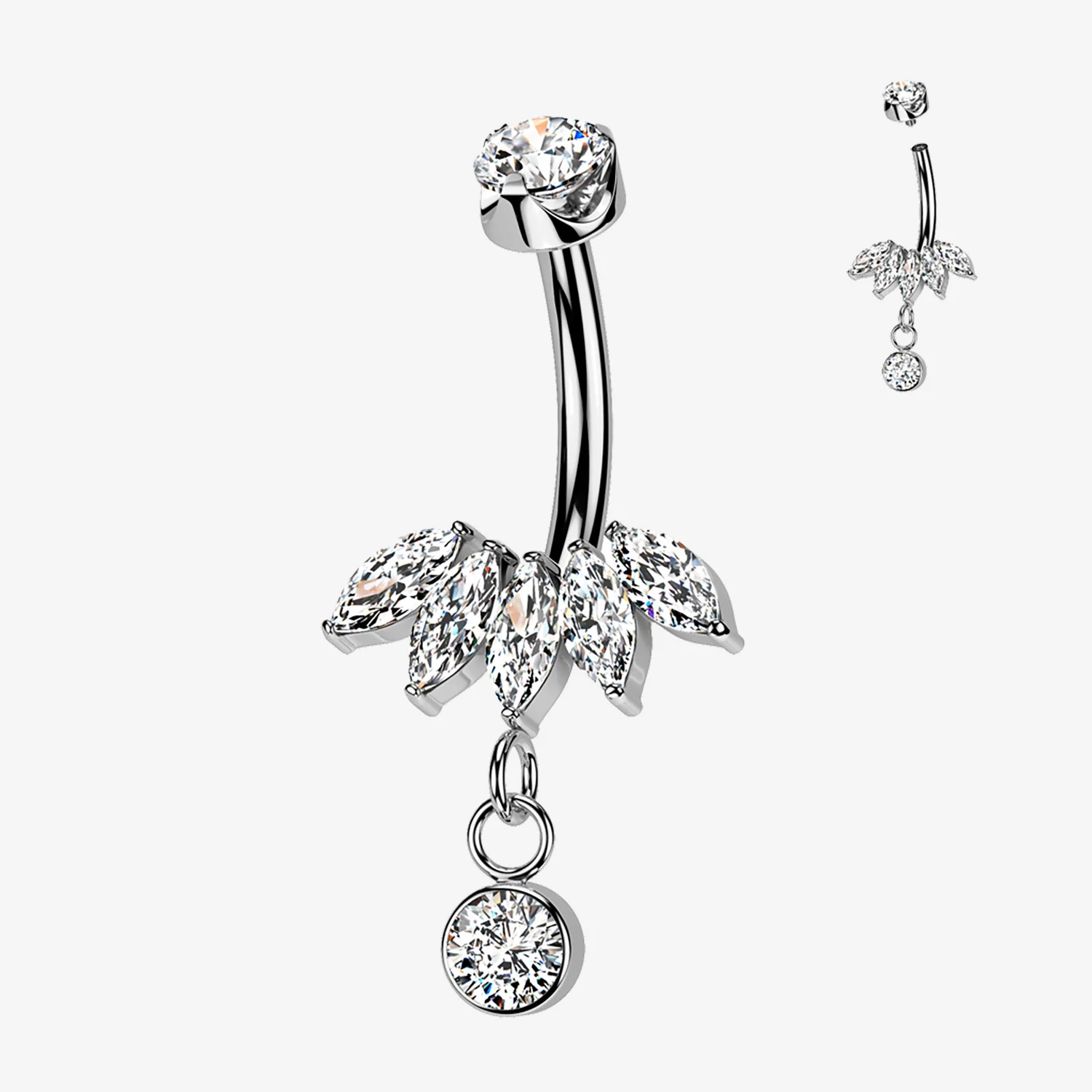 Implant Grade Titanium Marquise Floral Sparkle Dangle Internally Threaded Belly Button Ring