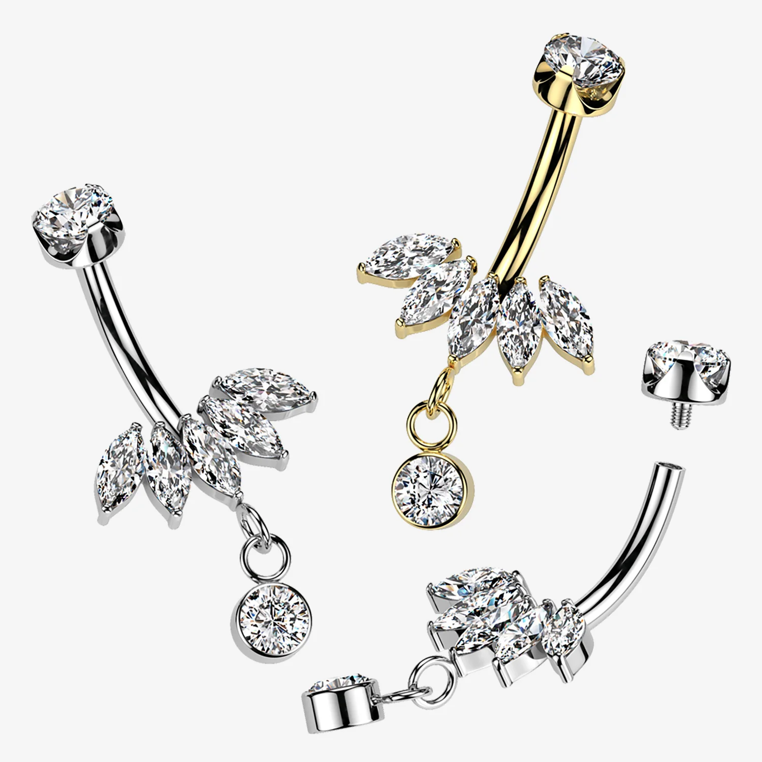 Implant Grade Titanium Marquise Floral Sparkle Dangle Internally Threaded Belly Button Ring - Image 2