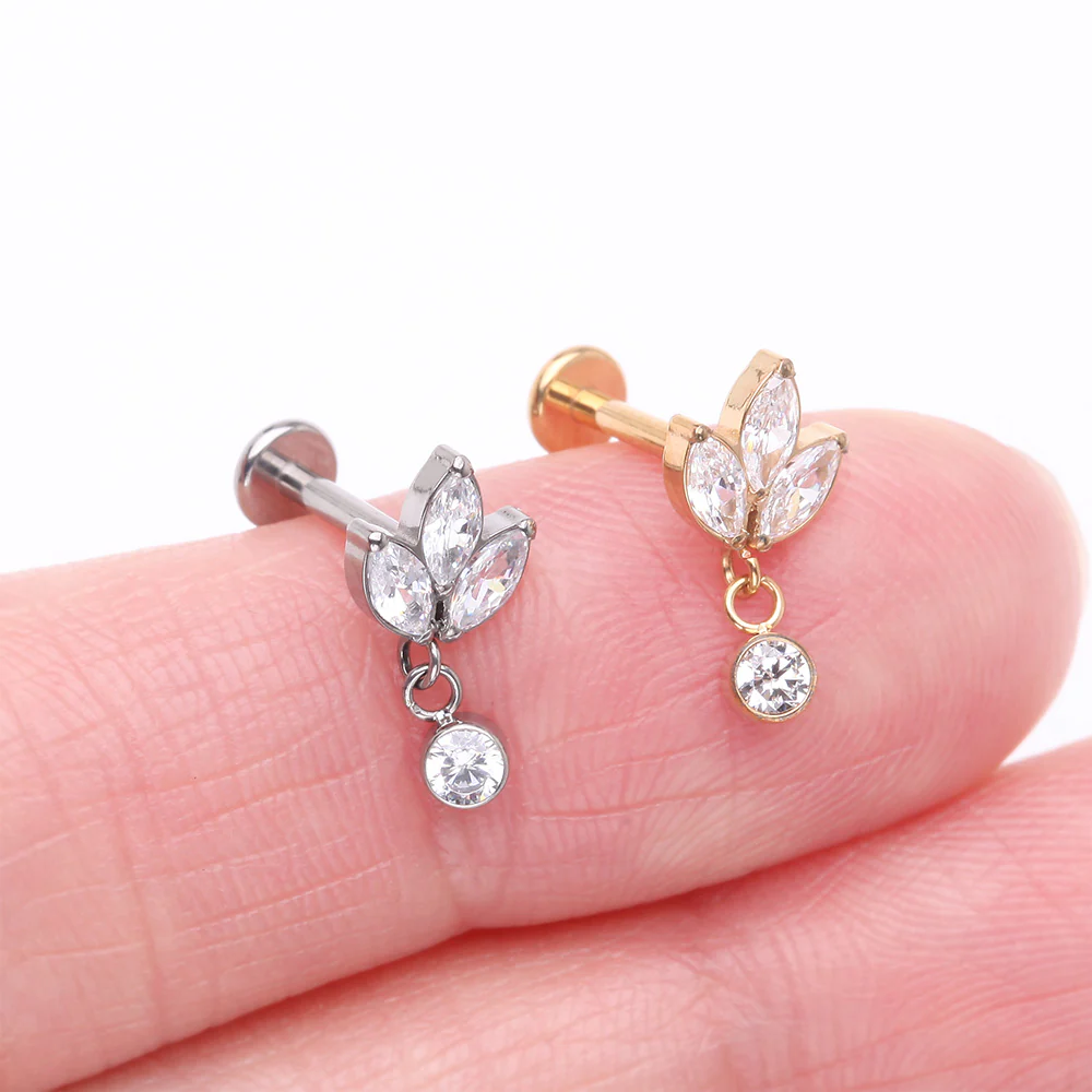 Implant Grade Titanium Marquise Flower Sparkle Dangle Internally Threaded Flat Back Stud Labret - Image 4