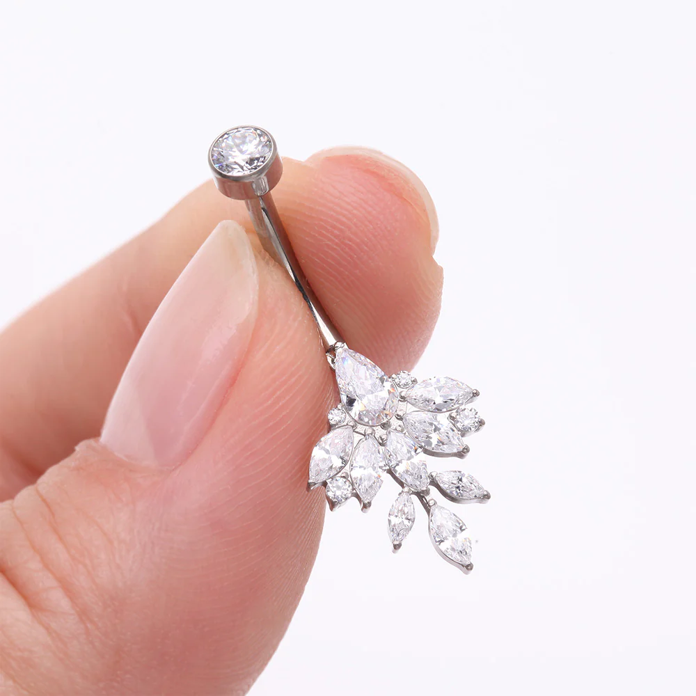 Implant Grade Titanium Marquise Leaflet Sparkle Internally Threaded Belly Ring - Image 4