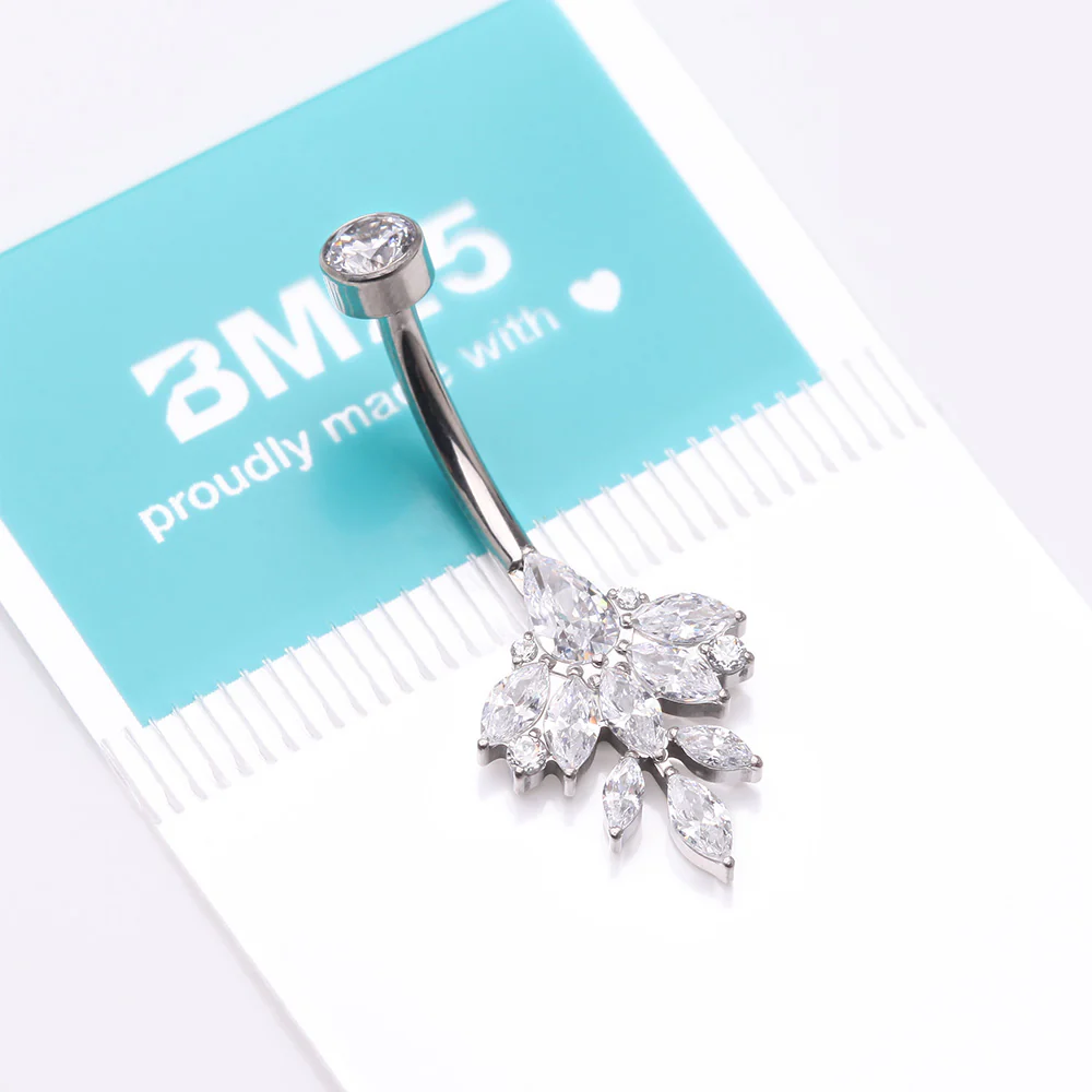 Implant Grade Titanium Marquise Leaflet Sparkle Internally Threaded Belly Ring - Image 5