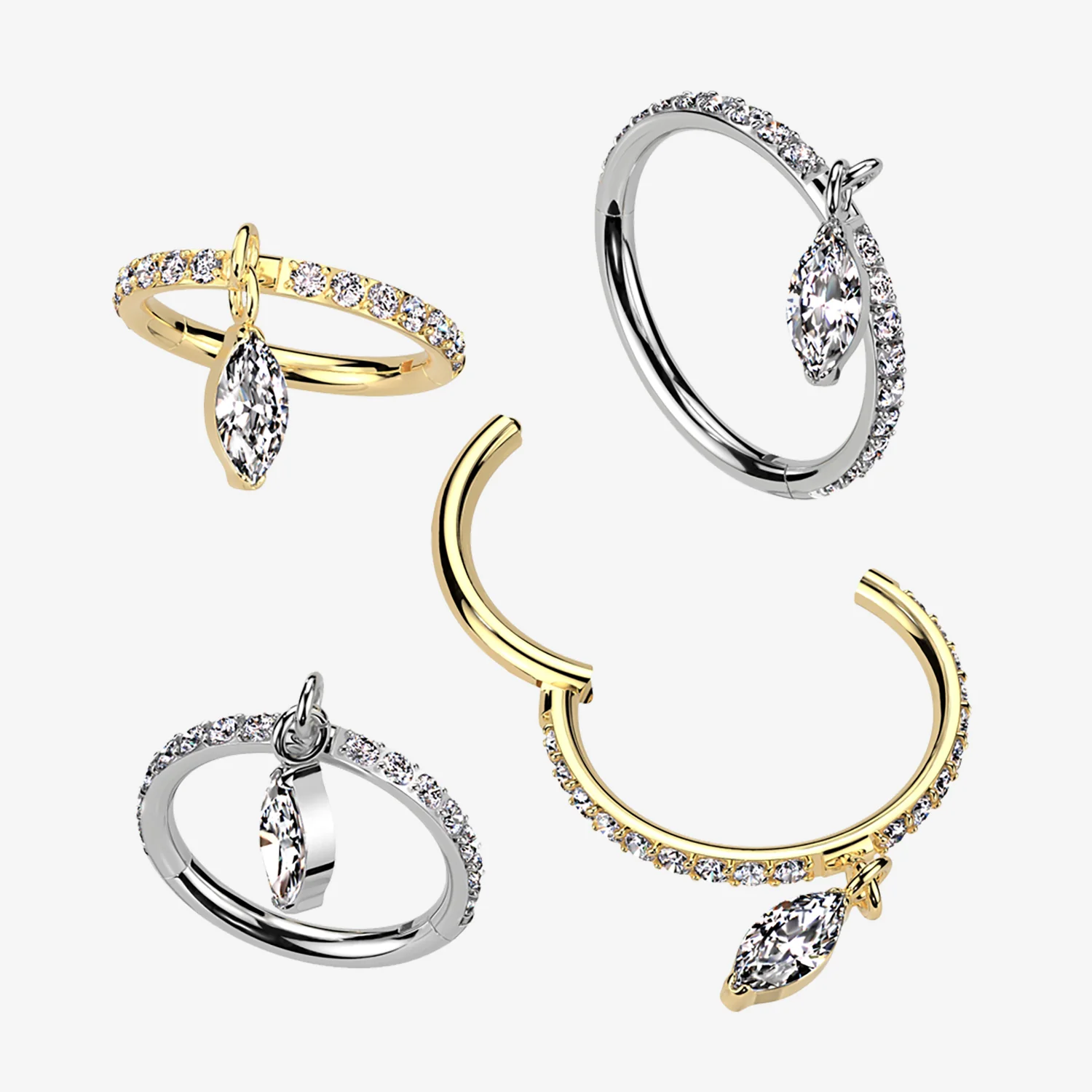 Implant Grade Titanium Marquise Sparkle Dangle Gem Lined Clicker Hoop Ring - Image 2