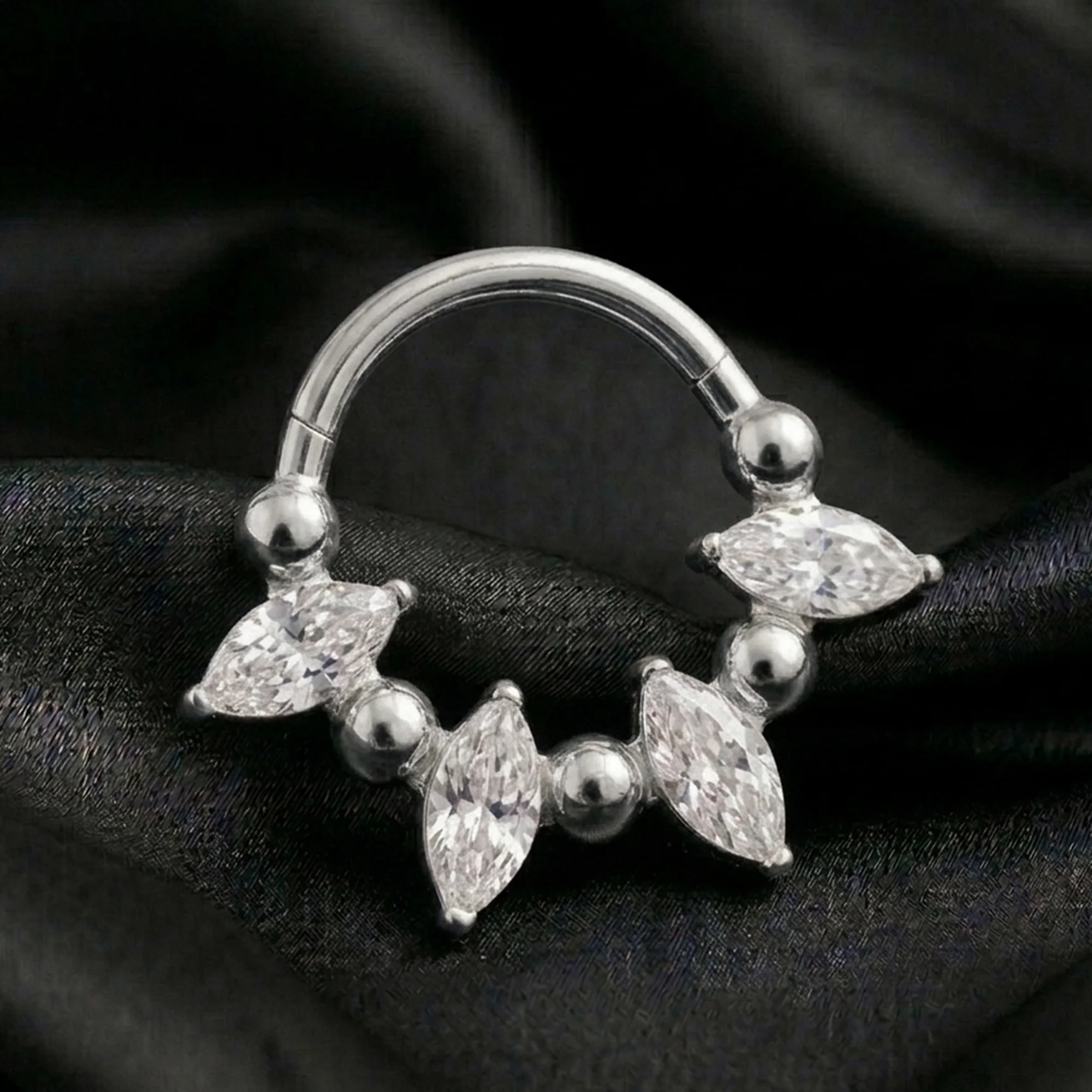 Implant Grade Titanium Marquise Sparkle Royal Floral Clicker Hoop Ring - Image 3