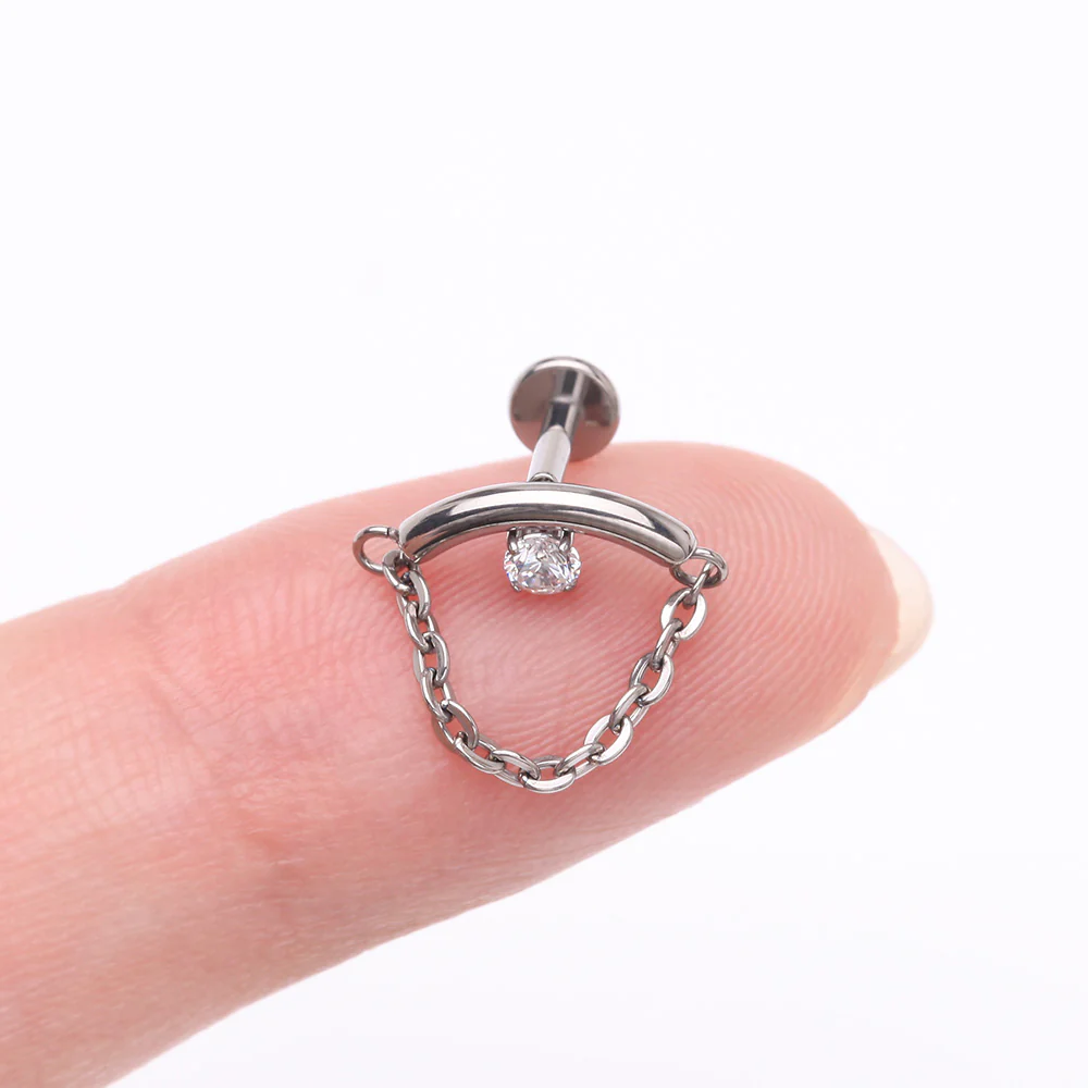 Implant Grade Titanium Modern Curve Sparkle Chained Internally Threaded Labret - Image 3