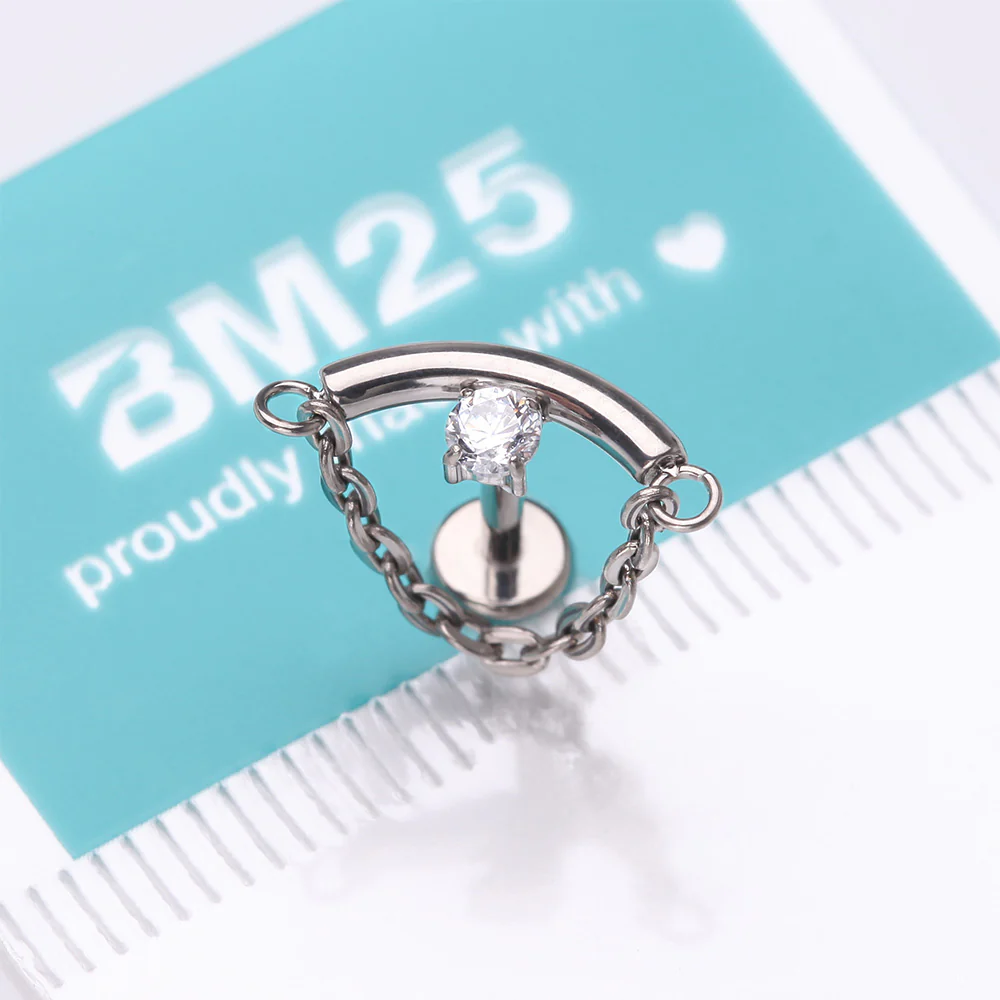 Implant Grade Titanium Modern Curve Sparkle Chained Internally Threaded Labret - Image 5