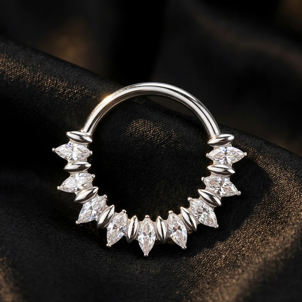 Implant Grade Titanium Moissanite Sparkle Marquise Floral Clicker Hoop Ring - Image 3