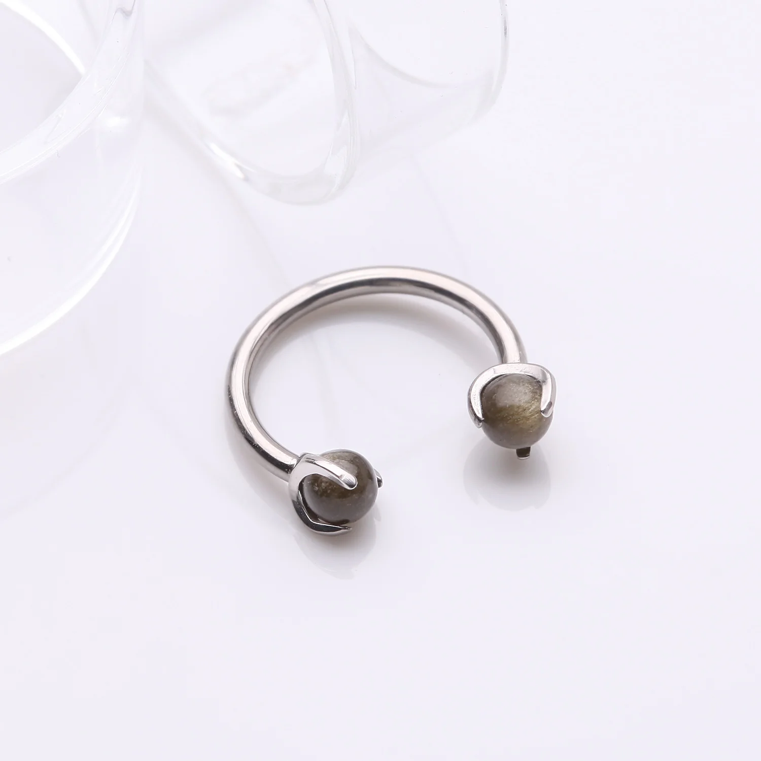 Implant Grade Titanium Obsidian Stone Ball Claw Prong Internally Threaded Horseshoe Barbell - Image 2