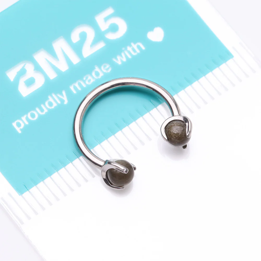 Implant Grade Titanium Obsidian Stone Ball Claw Prong Internally Threaded Horseshoe Barbell - Image 5