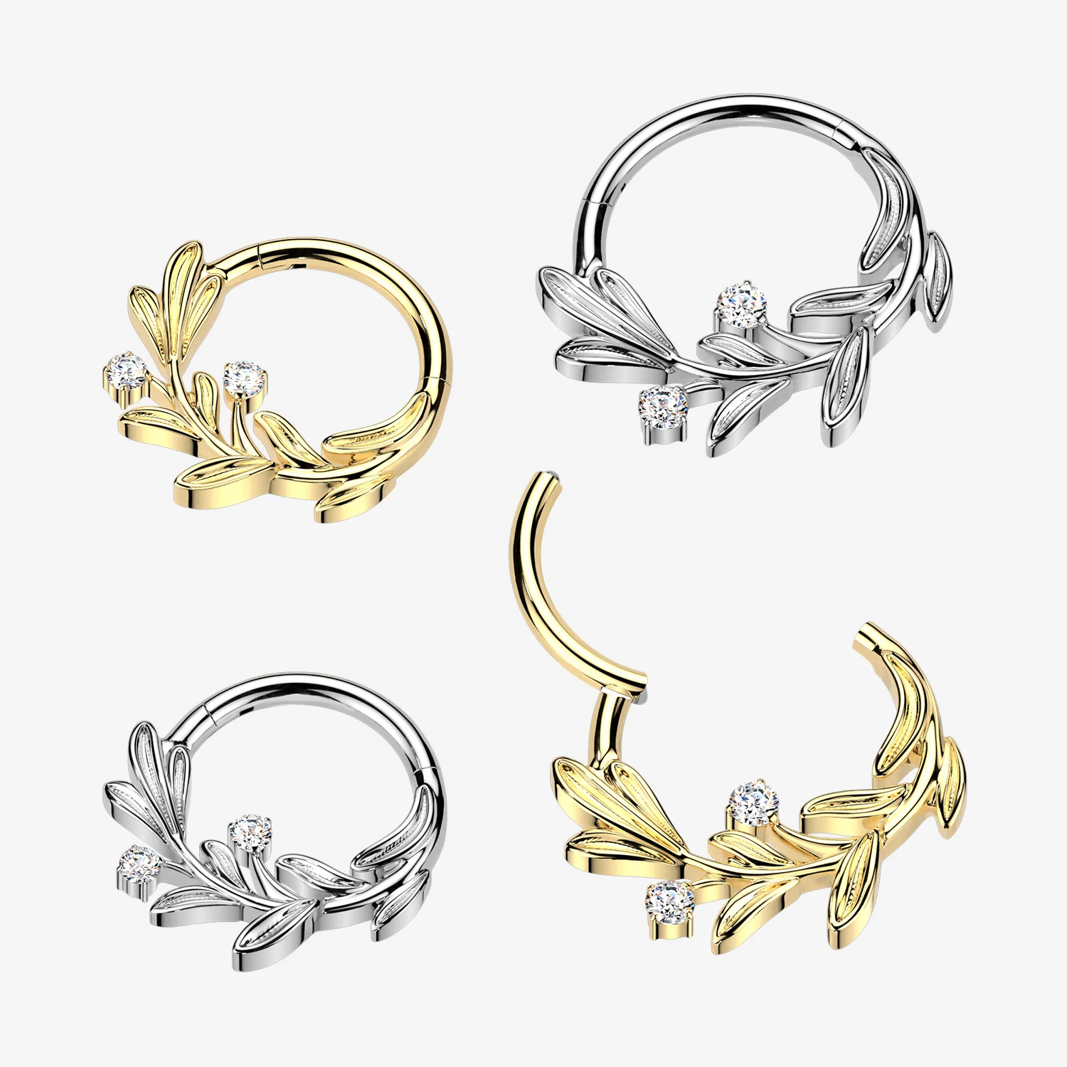 Implant Grade Titanium Olive Leaf Sparkle Vine Clicker Hoop Ring - Image 2