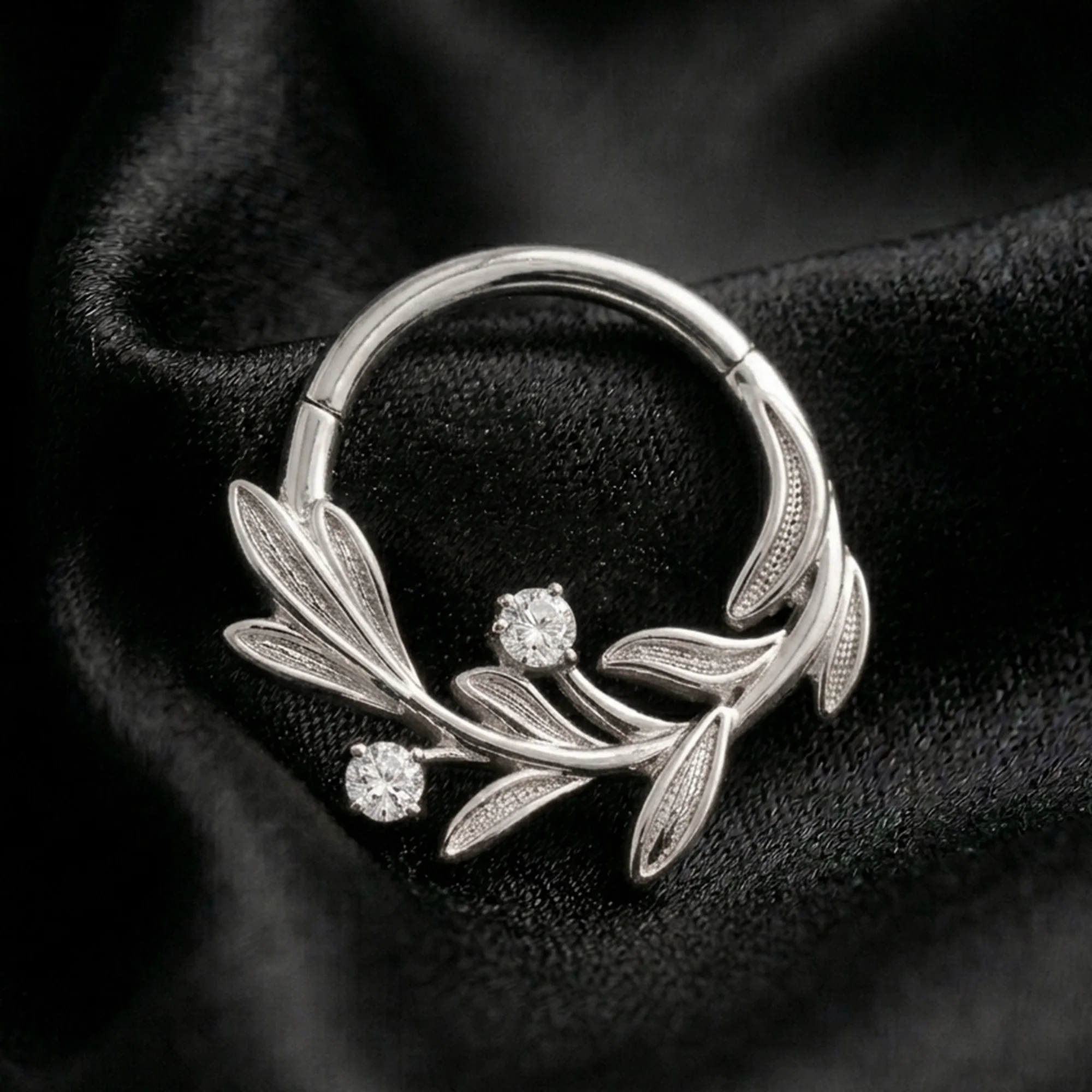 Implant Grade Titanium Olive Leaf Sparkle Vine Clicker Hoop Ring - Image 3