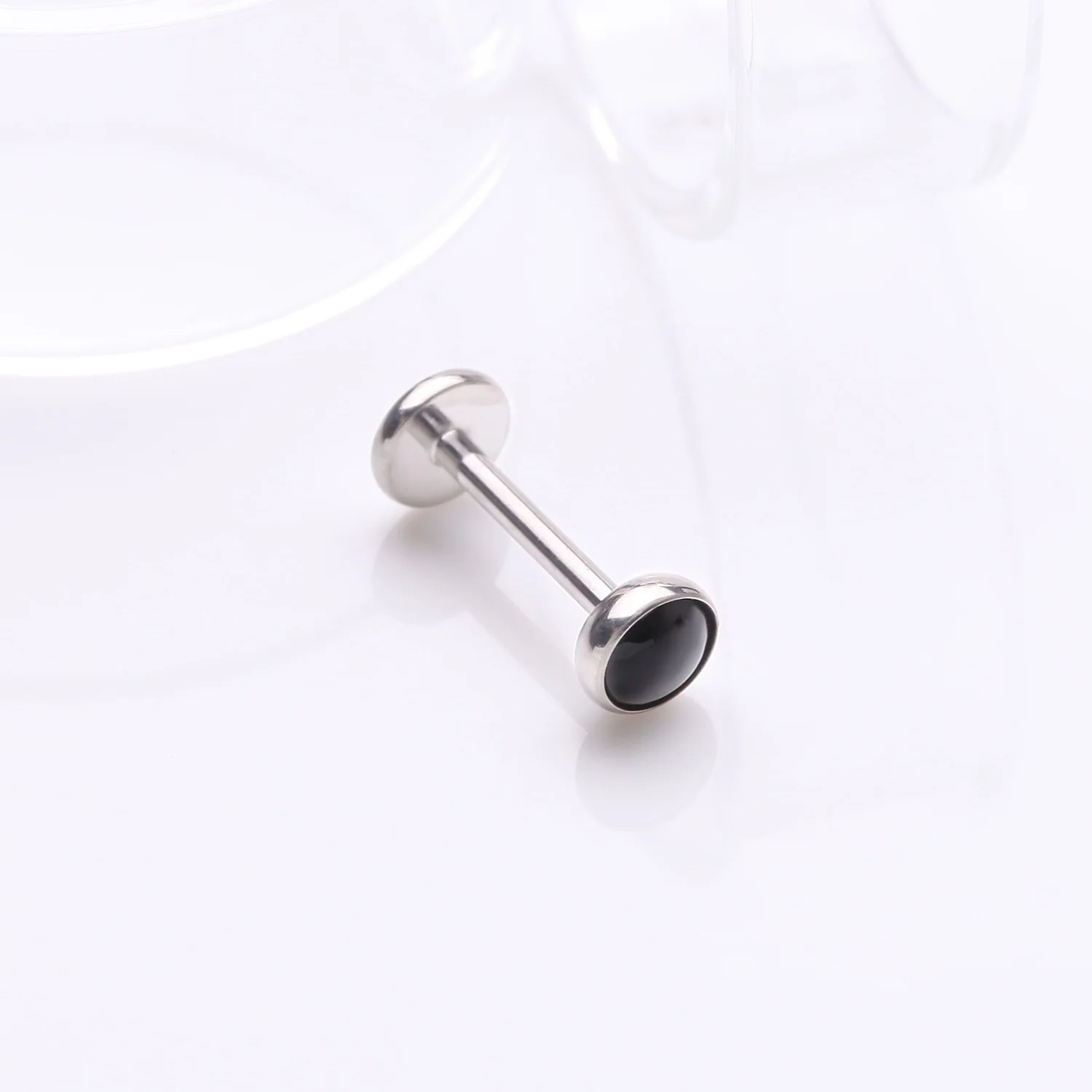 Implant Grade Titanium OneFit Threadless Bezel Black Onyx Stone Flat Back Labret - Image 2