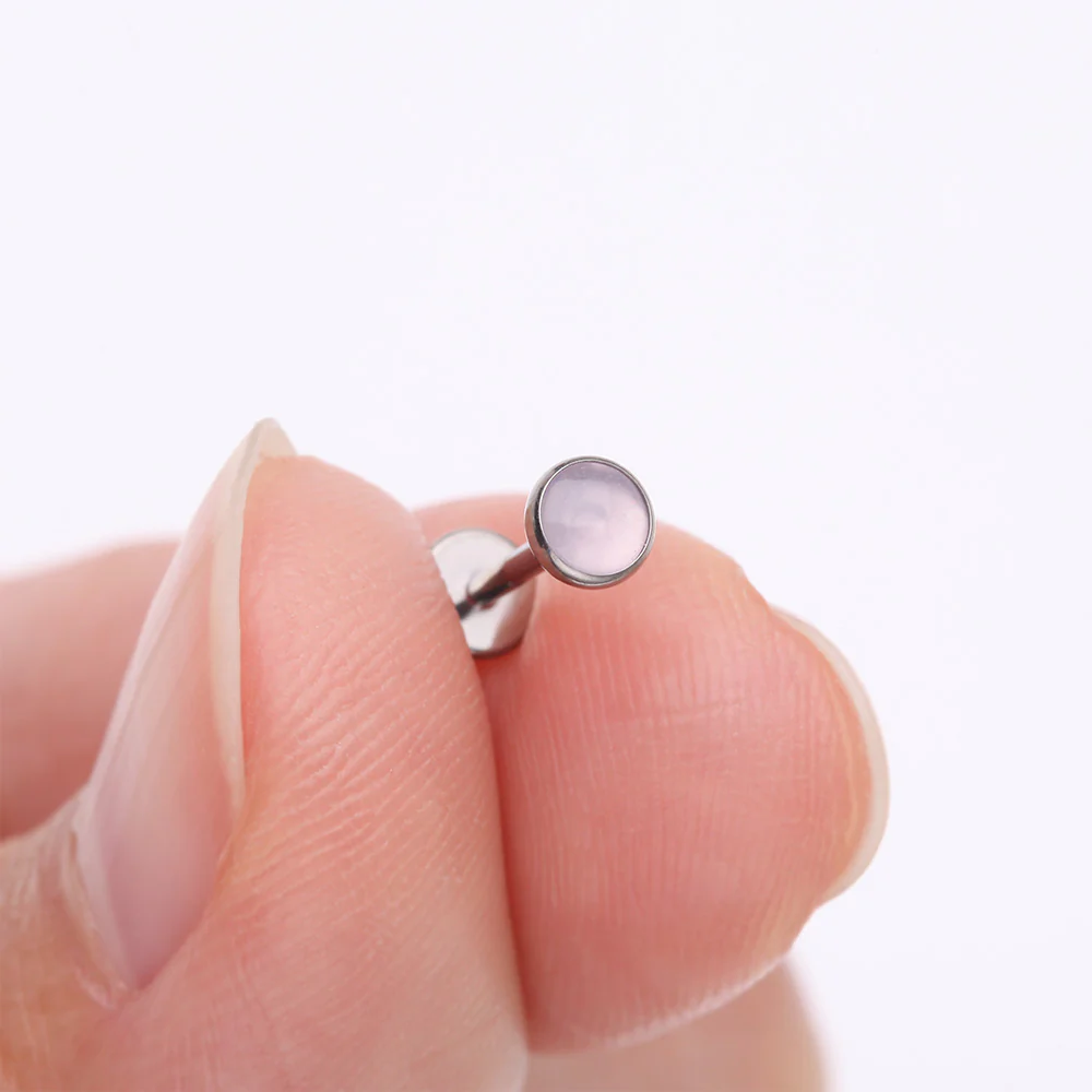 Implant Grade Titanium OneFit Threadless Bezel Pink Opalite Stone Flat Back Labret - Image 3