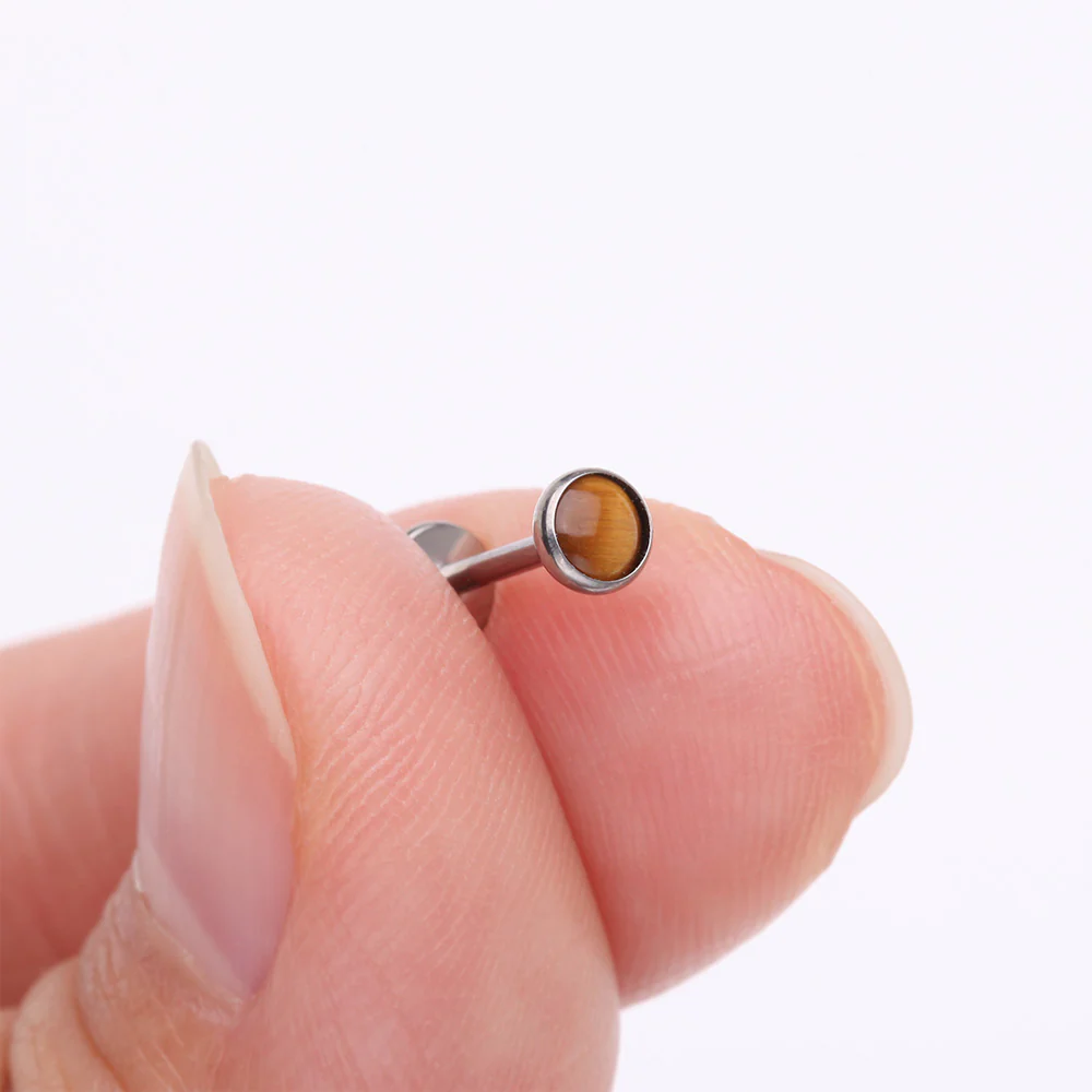 Implant Grade Titanium OneFit Threadless Bezel Tiger Eye Stone Flat Back Labret - Image 3